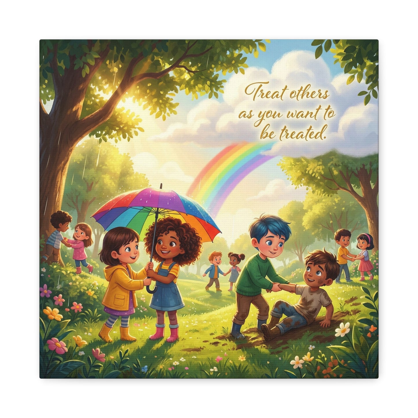 "Treat Others As You Want To Be Treated" Kids Canvas Wall Art - Rainbow Kindness Quote, Children Helping In Sunny Park - Matte Cotton Print - Playroom Classroom Decor, Nursery Wall Hanging