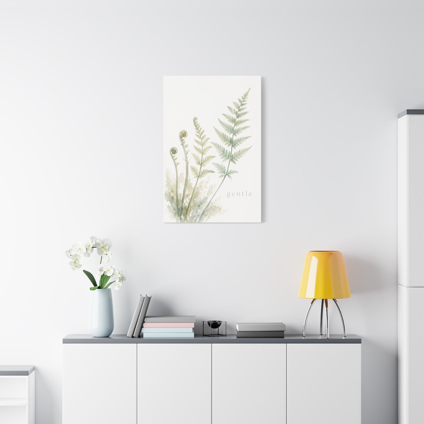 "Gentle" Fern Botanical Canvas Wall Art - Watercolor Green Leaf Print, Minimalist Nature Decor - Calming Bedroom Wall Decor, Bathroom Decoration, Spa Style Home Accent - Bedroom Home Decoration