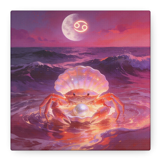 Cancer Zodiac Crab Canvas Wall Art - Moonlit Ocean Pearl Illustration, Pink Purple Seascape - Surreal Coastal Style - Living Room Wall Decor, Bedroom Home Decoration - Bedroom Home Decoration