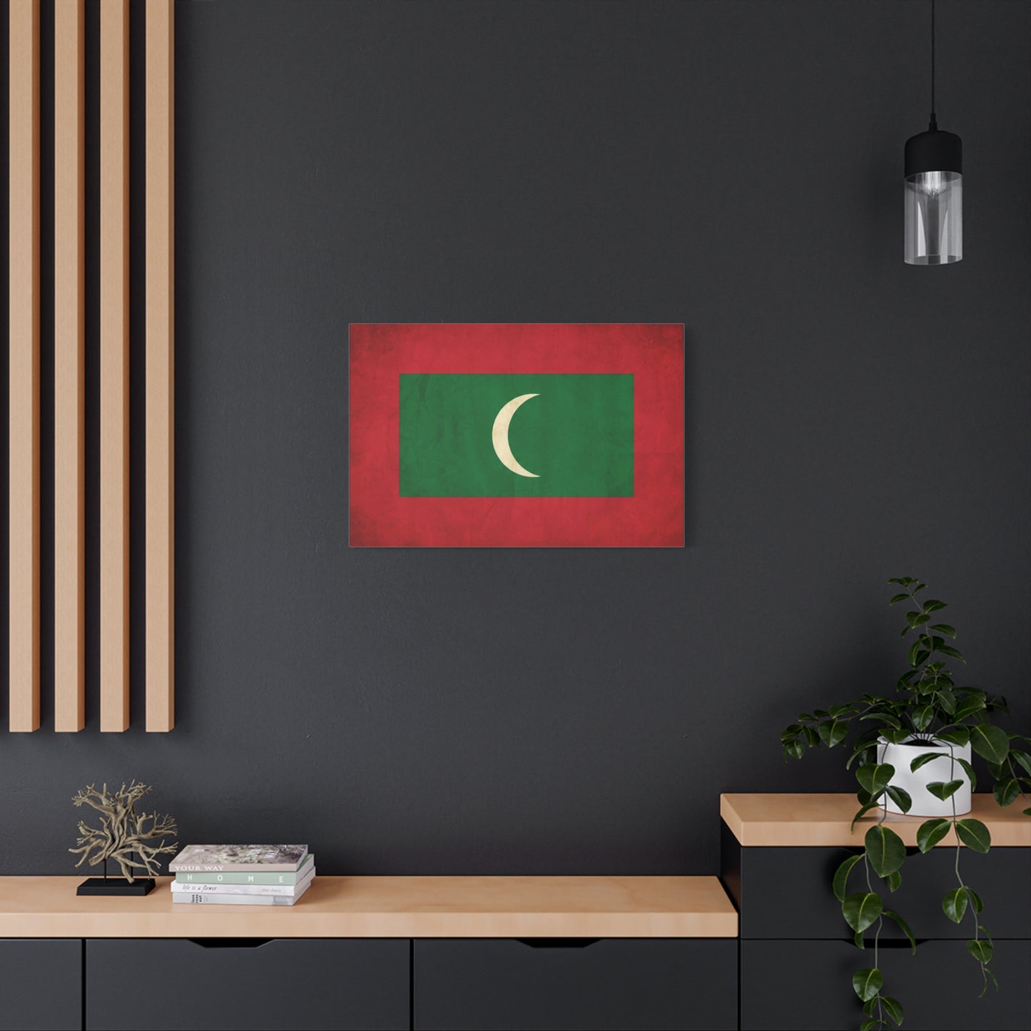 Maldives Flag Canvas Wall Art - Vintage National Banner Print, Red Green White Crescent - Patriotic Typography Style - Living Room Wall Decor, Bedroom Home Decoration - Bedroom Home Decoration