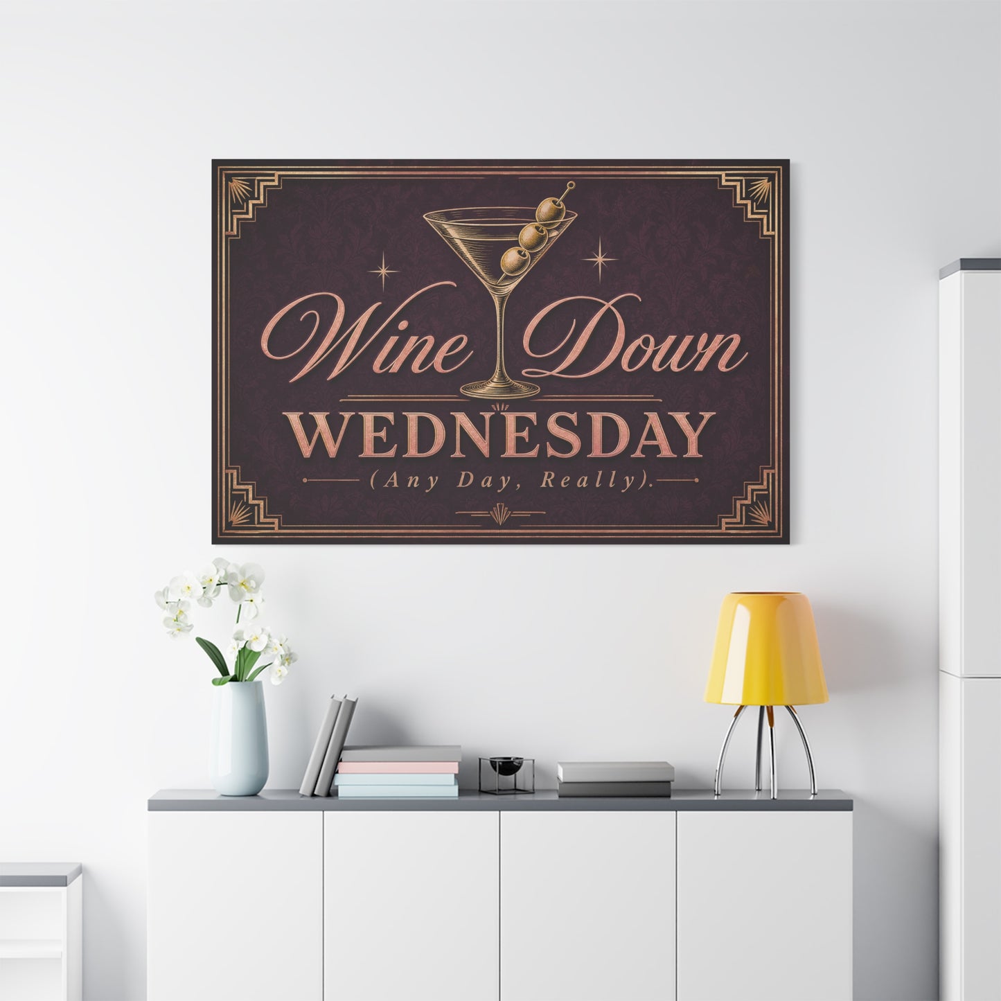 "Wine Down Wednesday (Any Day, Really)." Martini Canvas Wall Art - Vintage Cocktail Typography Decor - Art Deco Style, Matte Canvas Print - Bar Cart Wall Decor - Ready to Hang - Ready to Hang