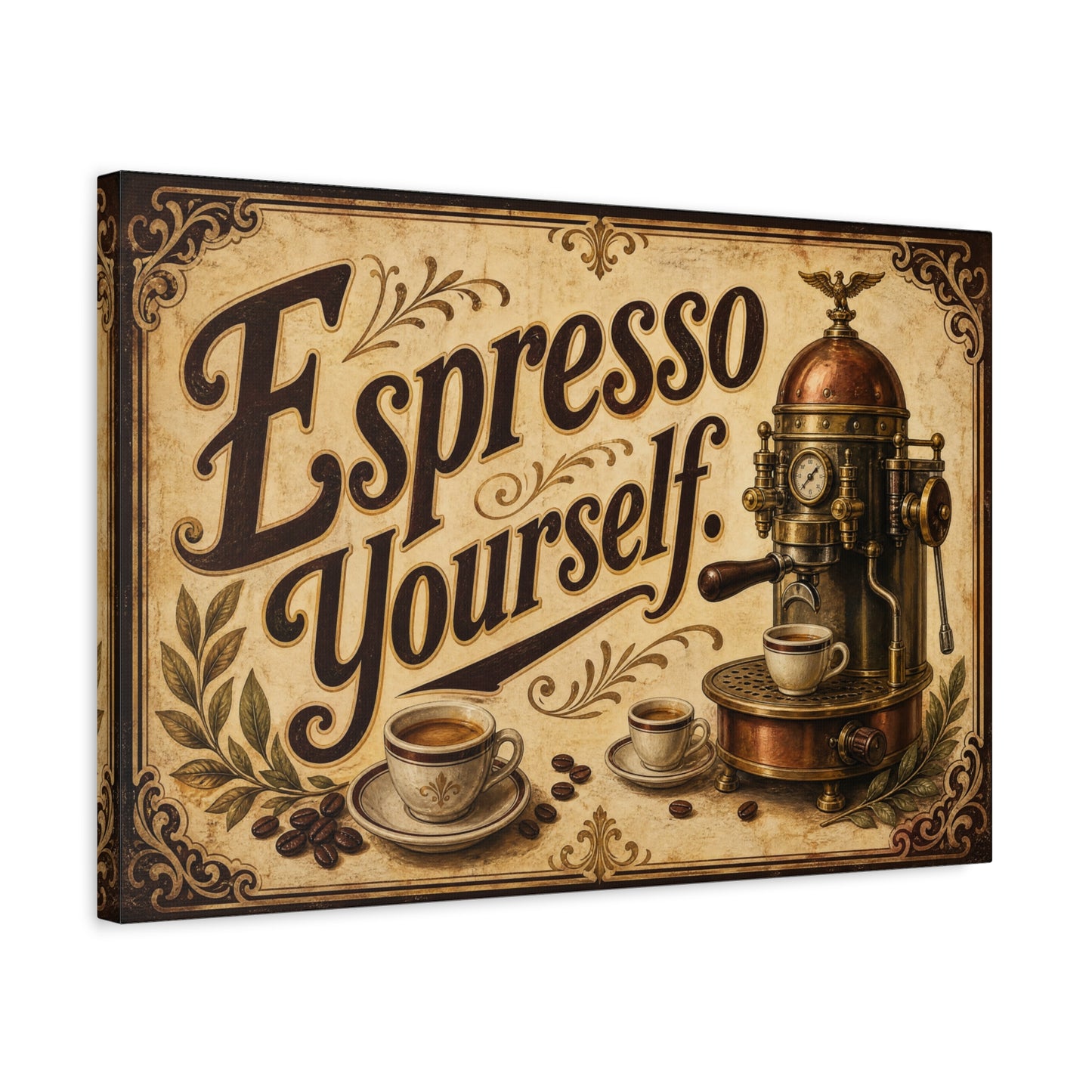 "Espresso Yourself" Coffee Canvas Wall Art - Vintage Espresso Machine Decor - Rustic Cafe Style Matte Print - Ready to Hang - Ready to Hang - Coffee Shop Decor - Cafe Wall Art - Gallery Wrapped Canvas