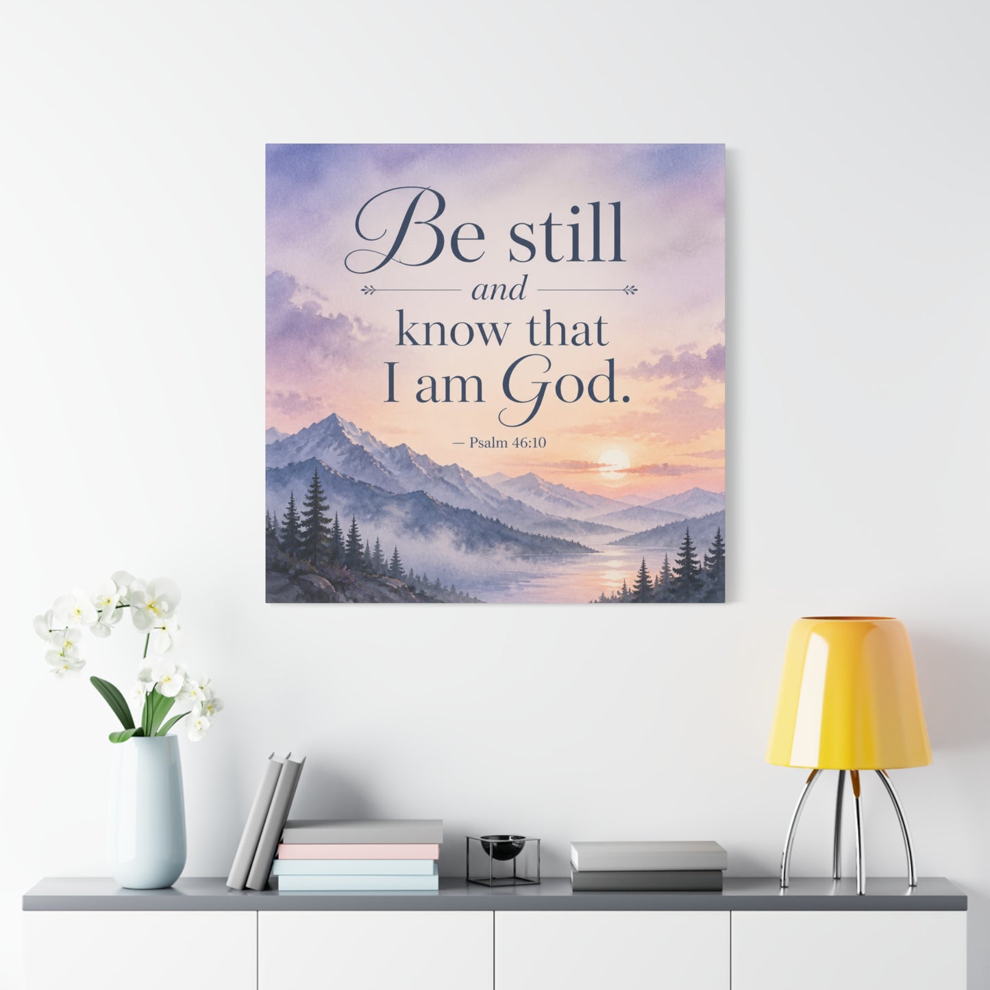"Be Still And Know That I Am God. - Psalm 46:10" Scripture Canvas Wall Art - Mountain Sunrise Bible Verse Decor - Traditional Christian Home Accent - Bedroom Living Room Decoration - Office Wall Art