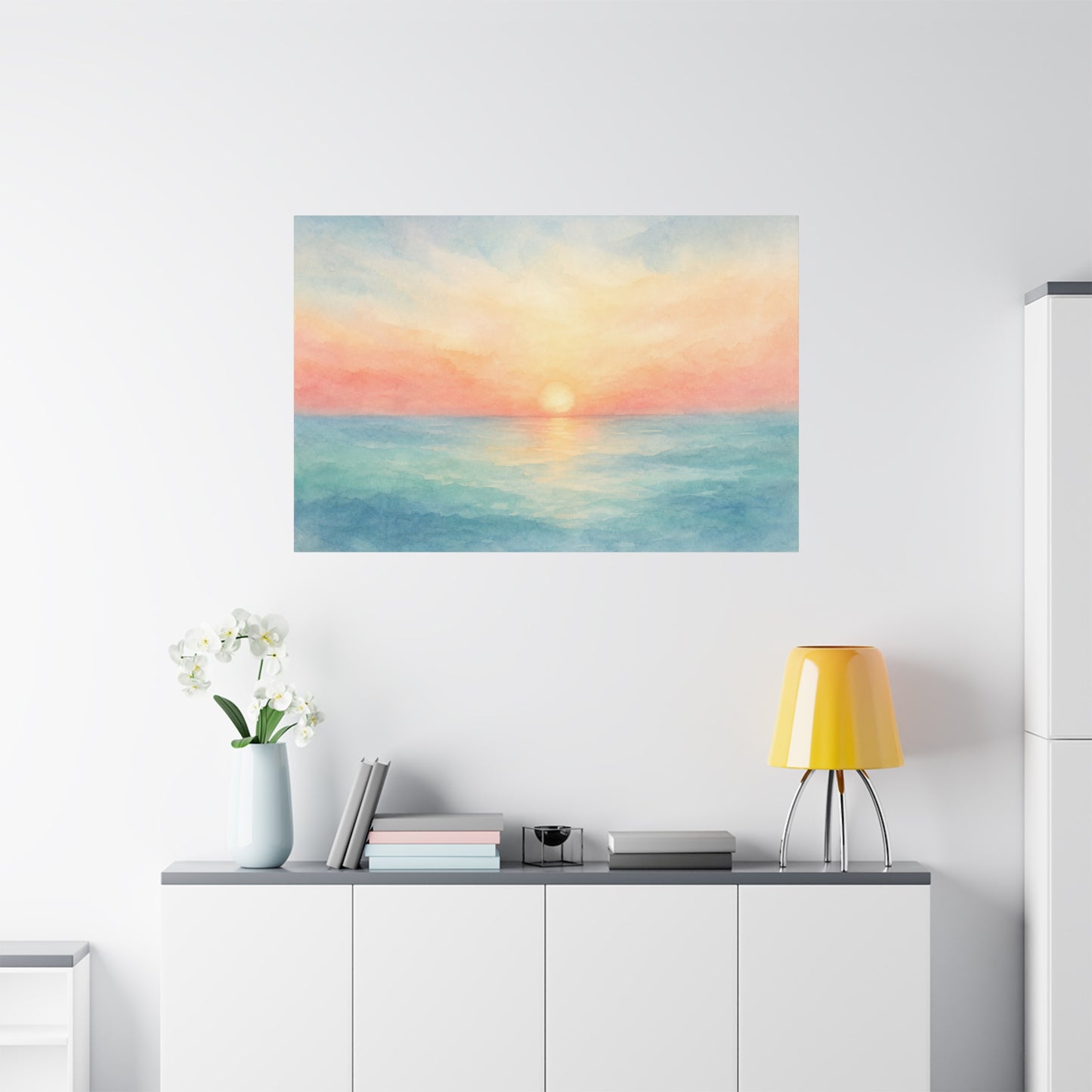 Pastel Ocean Sunrise Canvas Wall Art - Watercolor Seascape, Coastal Wall Decor - Serene Beach Horizon Print - Bedroom Home Decoration, Living Room Accent, Jellyfish Room Decor - Modern Farmhouse Style