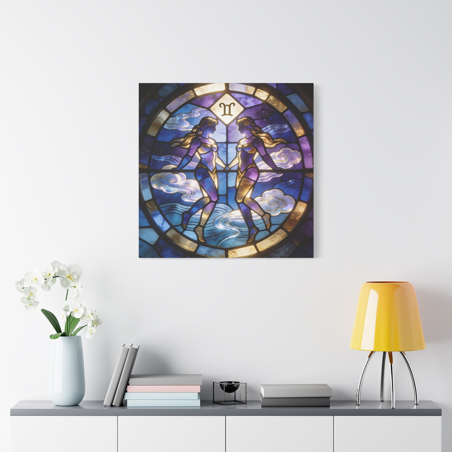 Gemini Zodiac Canvas Wall Art - Stained Glass Twin Women Celestial Print, Blue Purple Gold Astrology Decor - Modern Mystical Artwork - Bedroom Home Decoration Office Wall Art - Bedroom Home Decoration