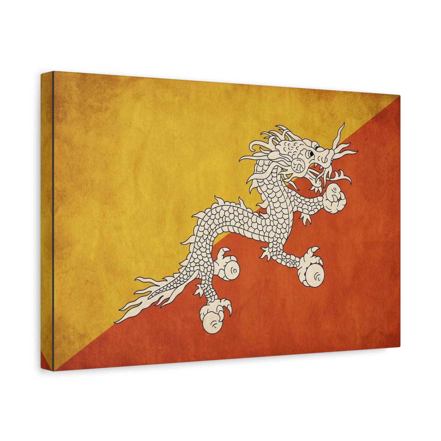 Bhutan Flag Dragon Canvas Wall Art - White Druk On Yellow Orange Field - Vintage Textured Print, Cultural Wall Decor, Living Room Home Decoration - Modern Farmhouse Style - Bedroom Home Decoration