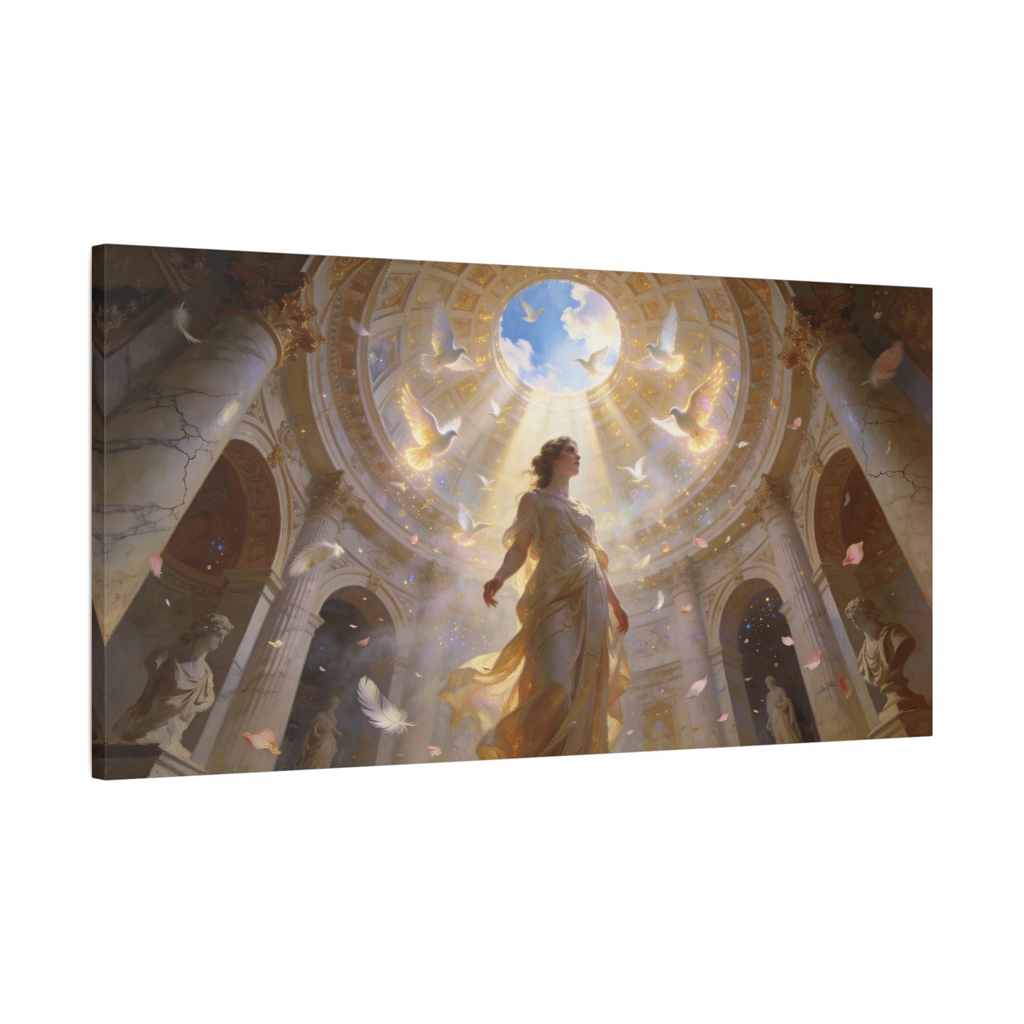Virgin Mary Canvas Wall Art - Heavenly Doves, Cathedral Dome Light - Matte Cotton Art Print - Traditional Religious Style - Bedroom Wall Decor, Meditation Space Accent - Bedroom Home Decoration