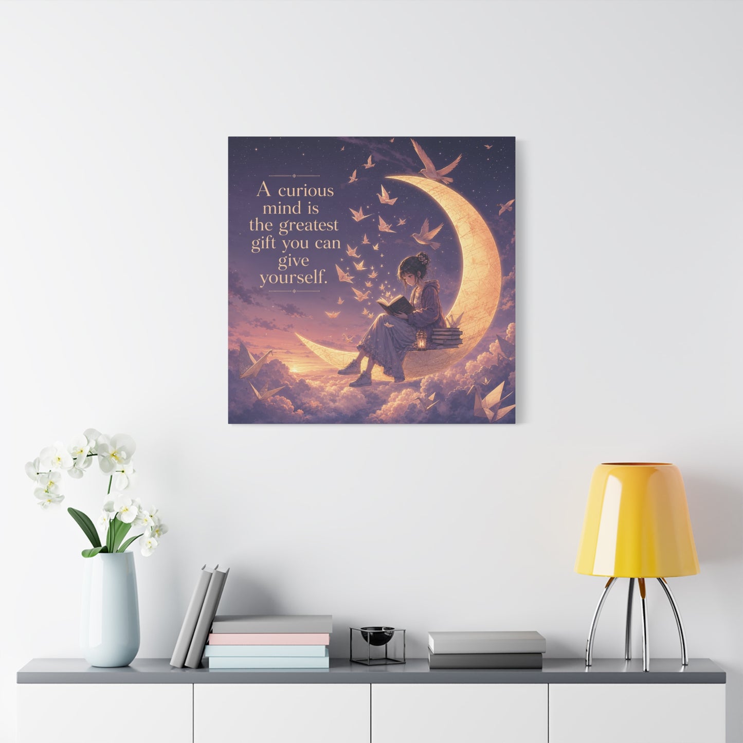 "A Curious Mind Is The Greatest You Can Give Yourself" Canvas Wall Art - Moon Reading Girl Quote Print, Dreamy Celestial Illustration - Bedroom Wall Decor, Home Office Accent - Ready to Hang