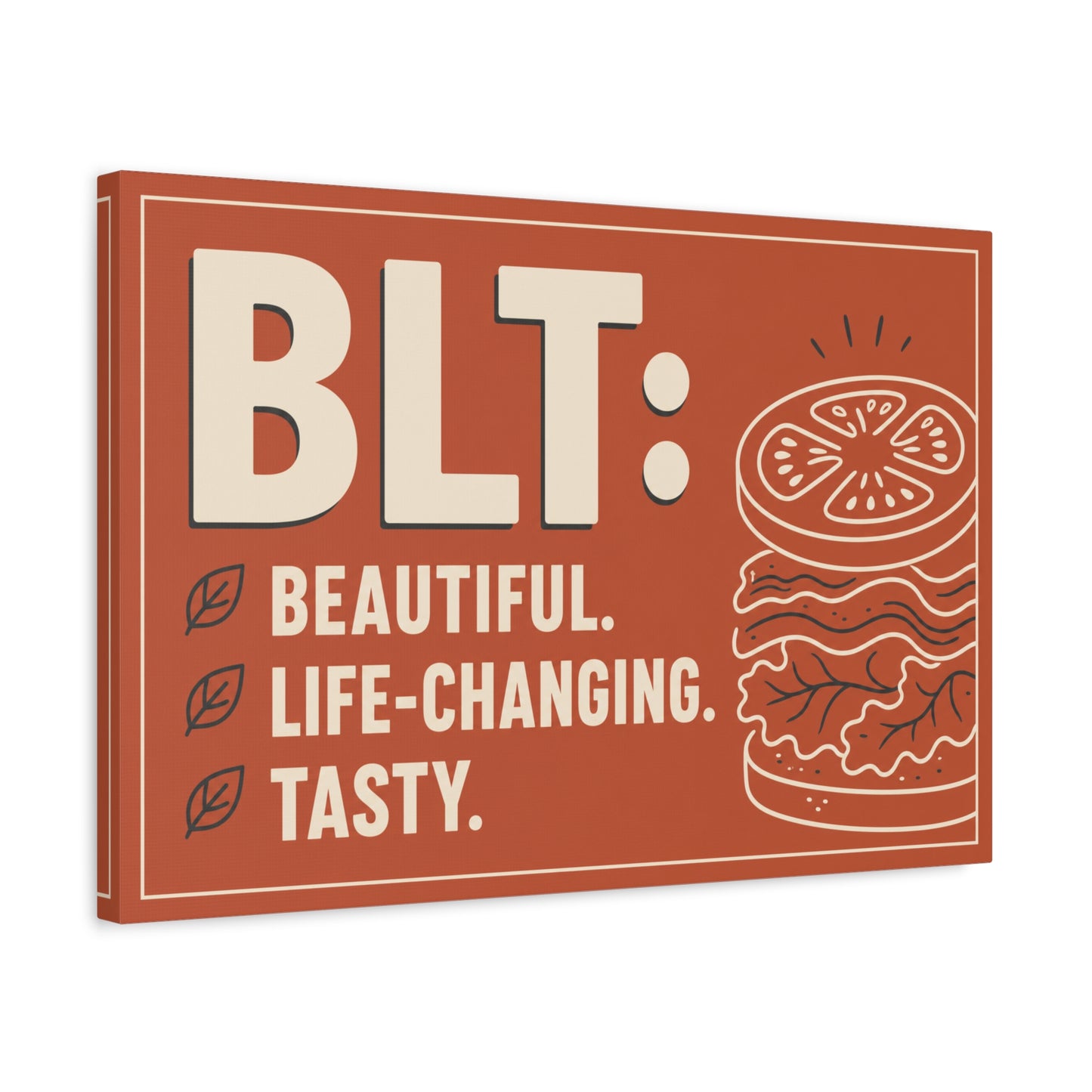 "BLT: Beautiful. Life-Changing. Tasty." Canvas Wall Art - Retro Sandwich Decor - Typography Food Illustration - Modern Farmhouse Style - Deli Wall Decor - Sandwich Shop Sign - Gallery Wrapped Canvas