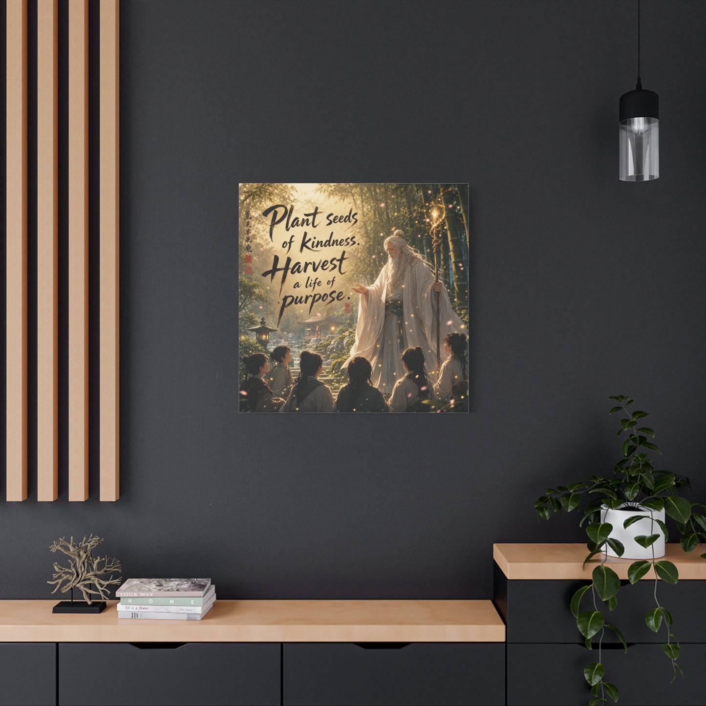 "Plant Seeds Of Kindness. Harvest A Life Of Purpose." Zen Canvas Wall Art - Wise Elder In Bamboo Garden, Inspirational Typography Print - Traditional Style, Bedroom Meditation Decor - Office Wall Art
