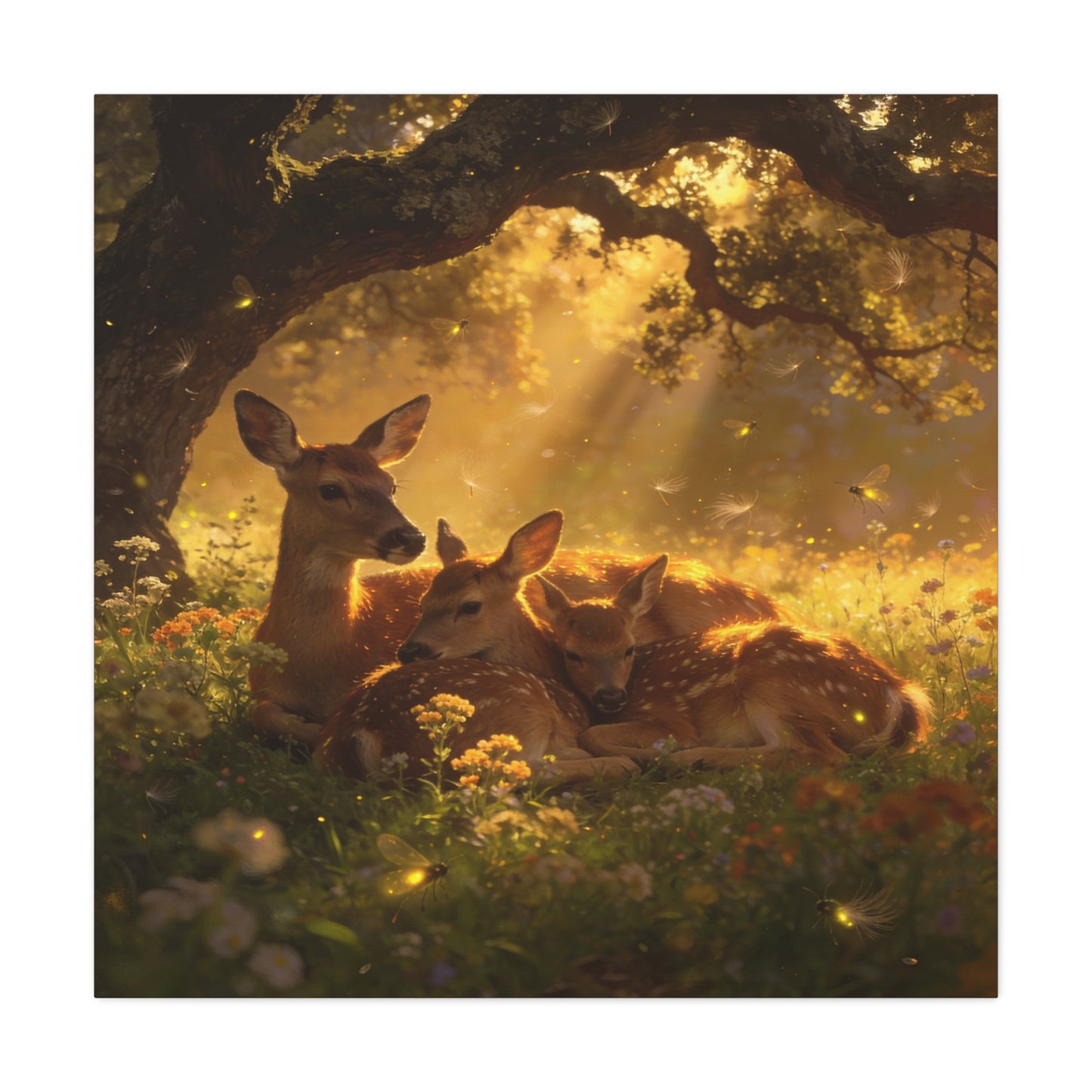 Doe And Fawns Canvas Wall Art - Woodland Deer Family In Golden Light, Whimsical Nature Scene - Matte Finish Cotton Print - Rustic Traditional Style - Bedroom Wall Decor - Bedroom Home Decoration