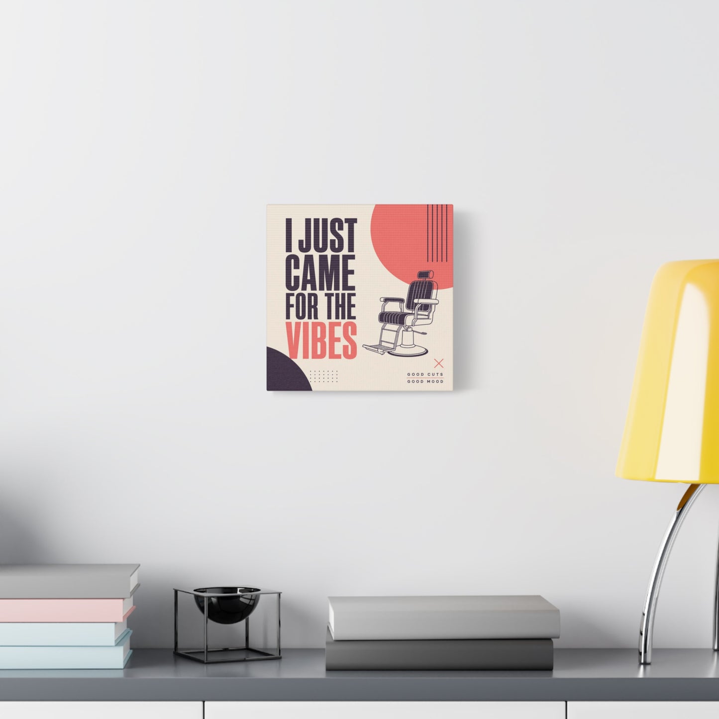 "I Just Came For The Vibes" Typography Canvas Wall Art - Barber Chair Line Illustration, Coral And Black Modern Salon Wall Decor - Minimalist Quote Print For Barbershop Lobby Workspace - Ready to Hang