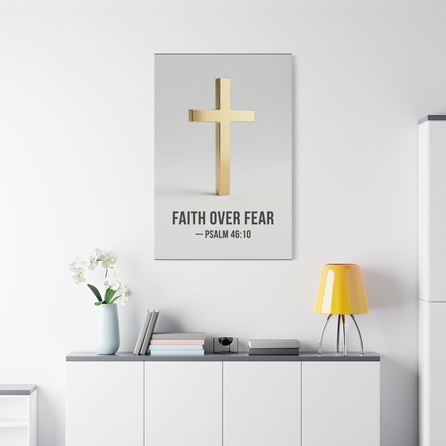 "Faith Over Fear" Psalm 46:10 Cross Canvas Wall Art - Gold Christian Scripture Print, Minimalist Religious Wall Decor - Modern Bedroom Home Decoration - Bedroom Home Decoration - Cozy Reading Nook Art