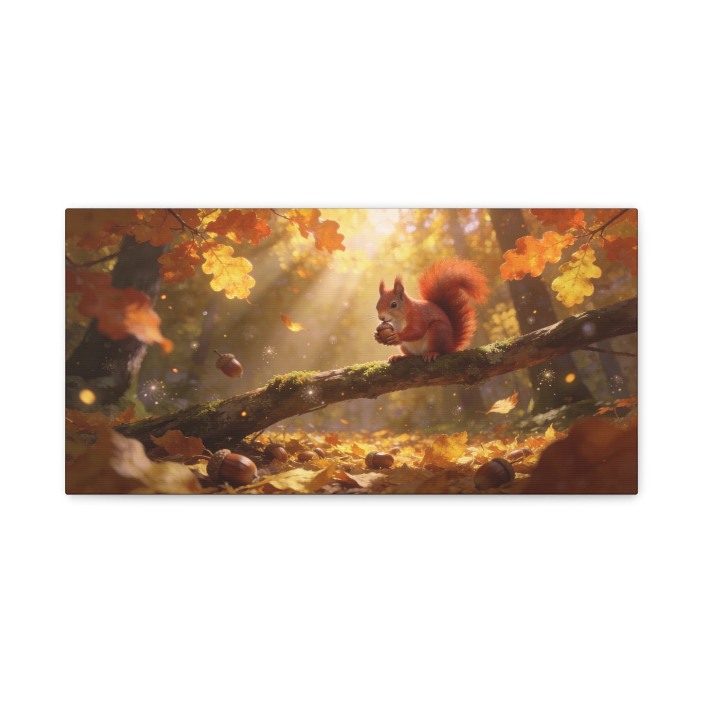 Red Squirrel Canvas Wall Art - Autumn Forest Acorn Scene, Golden Sunlight, Matte Cotton Print - Rustic Woodland Decor, Living Room Accent, Bedroom Decoration, Office Nature Artwork - Office Wall Art