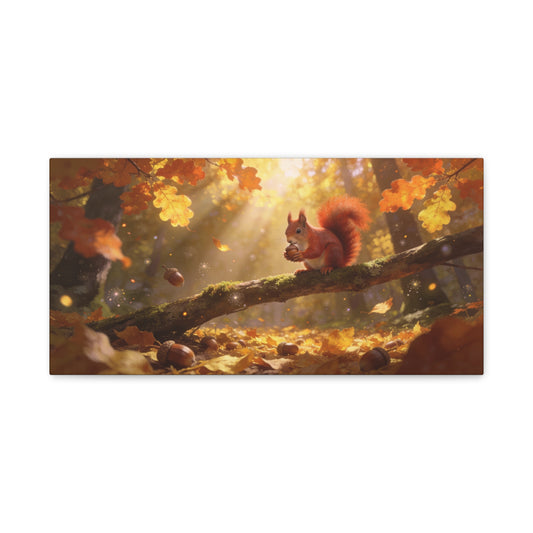 Red Squirrel Canvas Wall Art - Autumn Forest Acorn Scene, Golden Sunlight, Matte Cotton Print - Rustic Woodland Decor, Living Room Accent, Bedroom Decoration, Office Nature Artwork - Office Wall Art