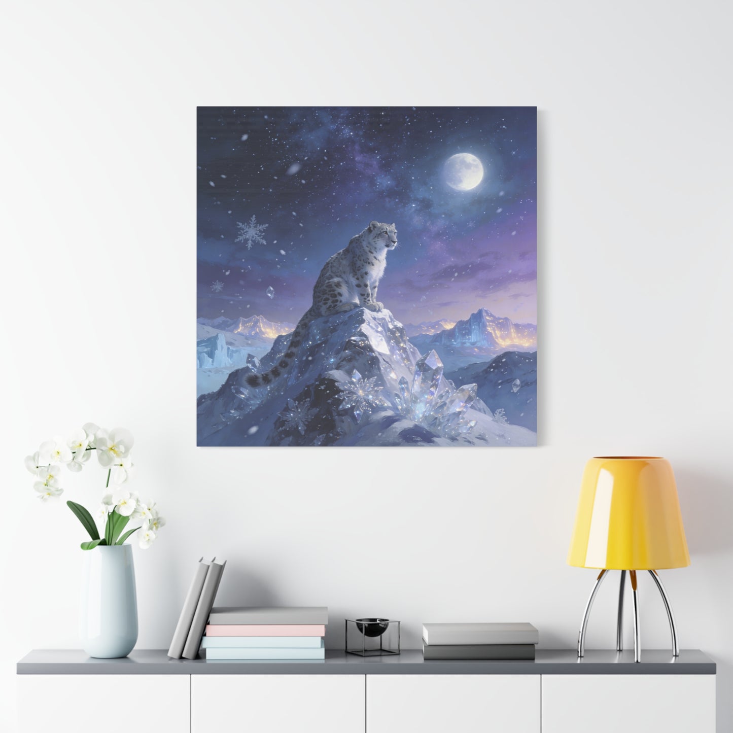 Snow Leopard Canvas Wall Art - Moonlit Arctic Crystal Landscape, Fantasy Wildlife Print - Matte Cotton Canvas - Contemporary Winter Style - Living Room Wall Decor Bedroom Home Decoration
