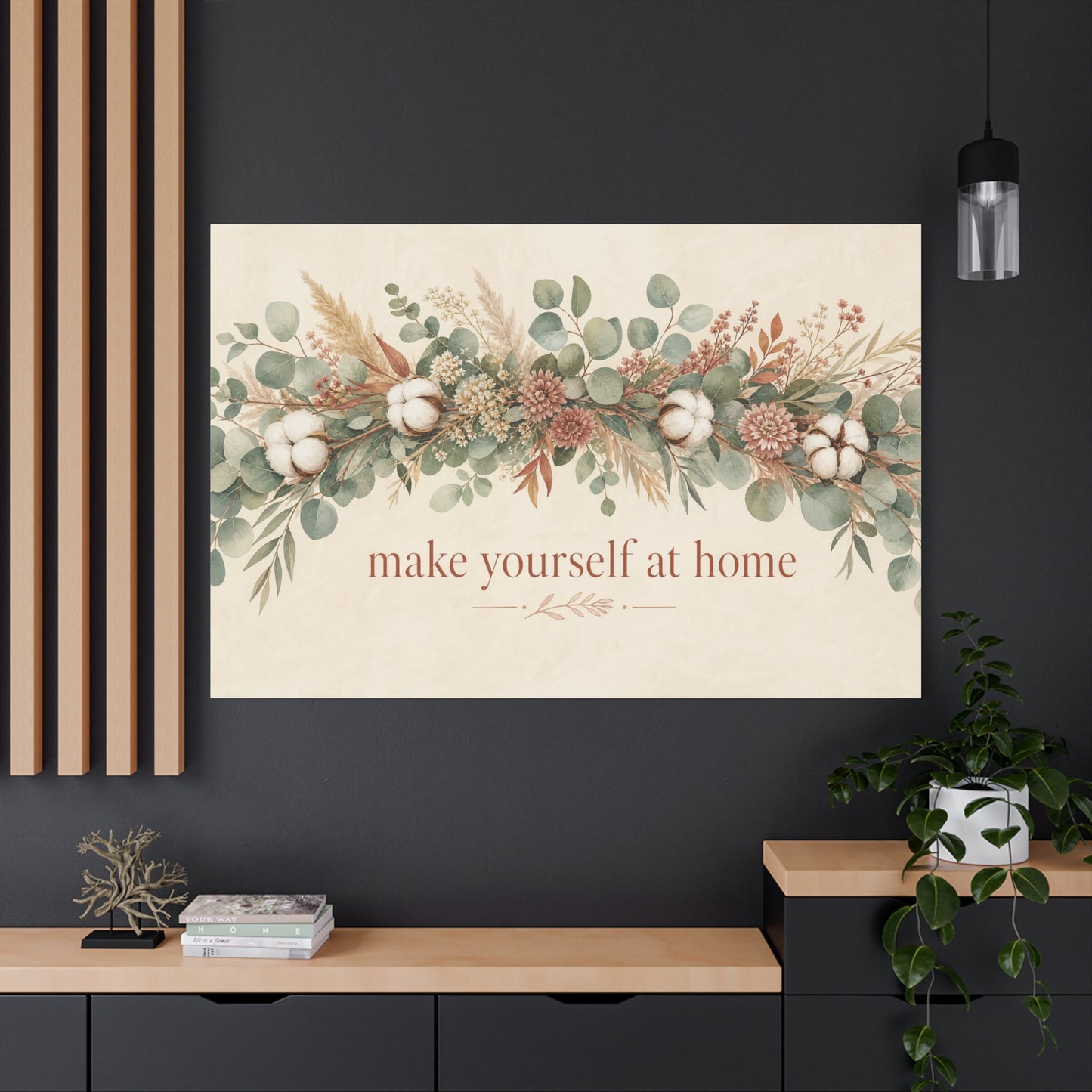 "Make Yourself At Home" Botanical Canvas Wall Art - Eucalyptus Cotton Stem Floral Quote Print - Rustic Farmhouse Style - Living Room Wall Decor - Modern Farmhouse Style - Bedroom Home Decoration