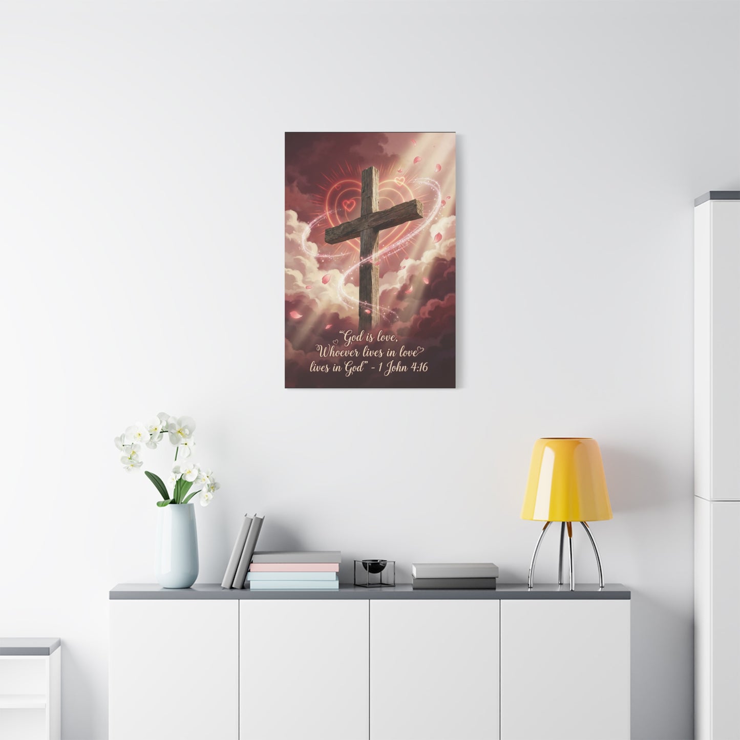 "God Is Love, Whoever Lives In Love Lives In God" Cross Canvas Wall Art - 1 John 4:16 Scripture Print, Romantic Christian Decor, Traditional Bedroom Wall Decor - Bedroom Home Decoration