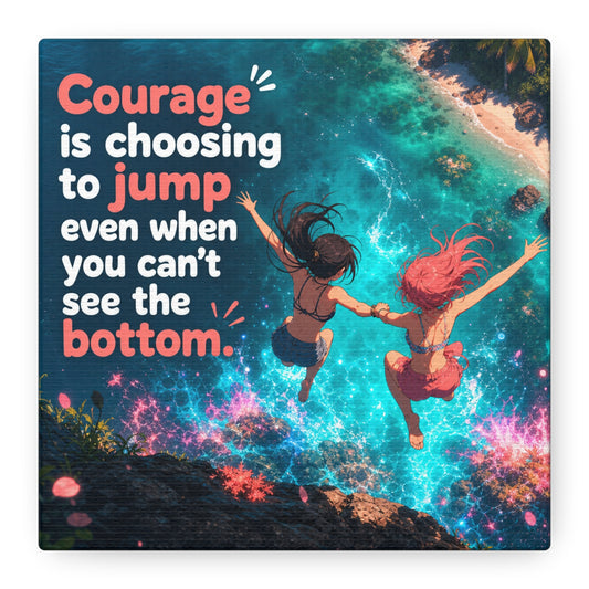 "Courage Is Choosing To Jump Even When You Can't See The Bottom" Canvas Wall Art - Coastal Quote Illustration, Inspirational Ocean Cliff Scene, Bedroom Wall Decor, Teen Space Accent - Ready to Hang