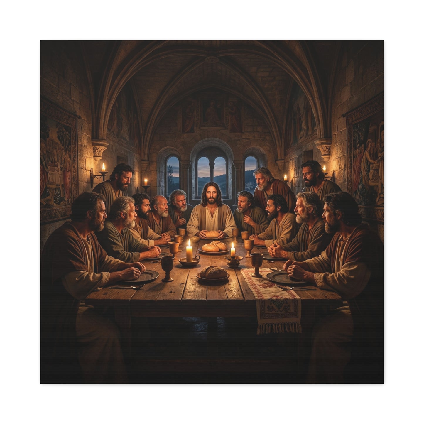 Jesus Christ Last Supper Canvas Wall Art - Apostles At Candlelit Table, Christian Wall Decor - Matte Cotton Print Religious Home Decoration - Traditional Living Room Office - Bedroom Home Decoration