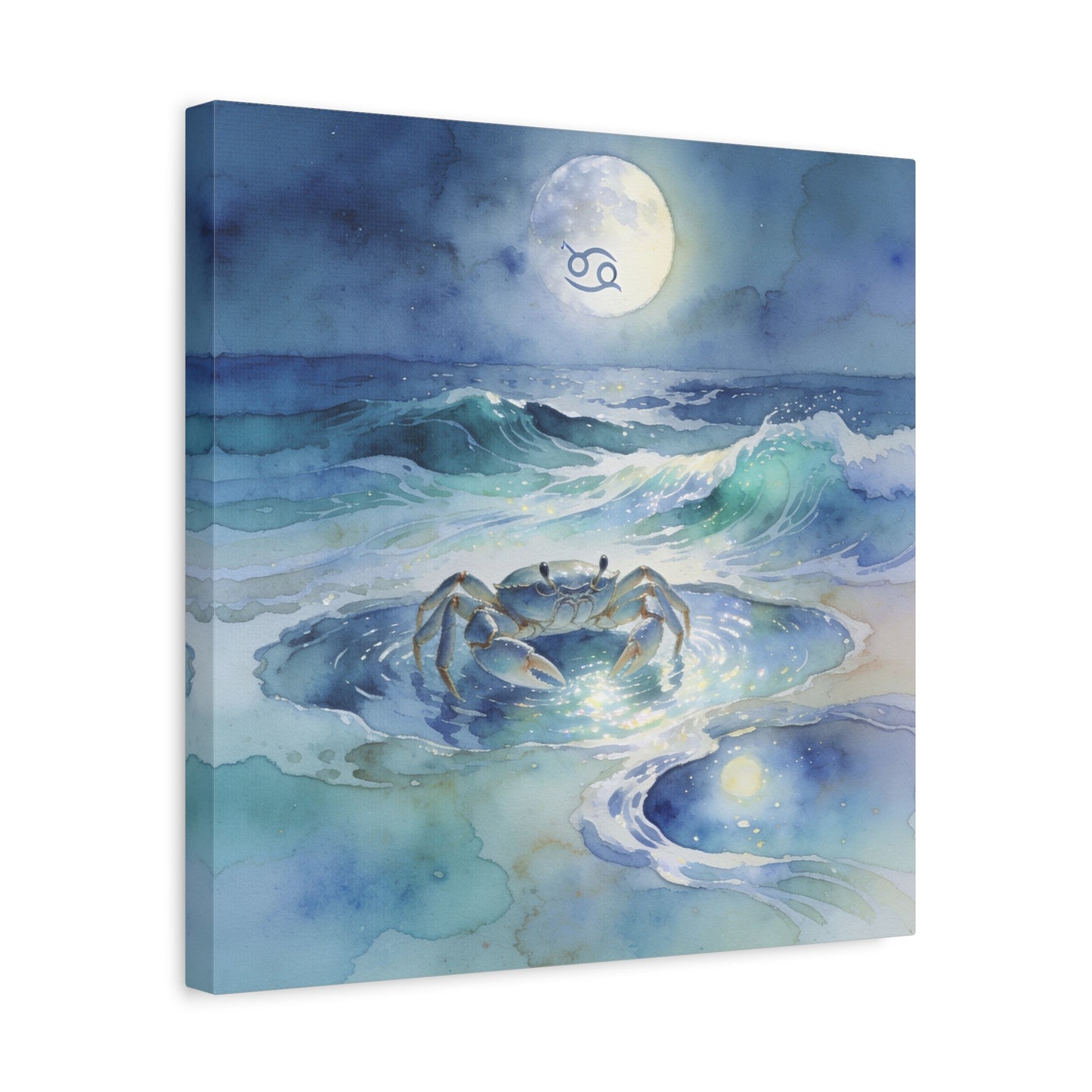 Cancer Zodiac Canvas Wall Art - Moonlit Ocean Crab Watercolor Print, Coastal Astrology Decor - Serene Blue Seascape - Bedroom Wall Decor, Meditation Space Accent, Bohemian Style - Ready to Hang