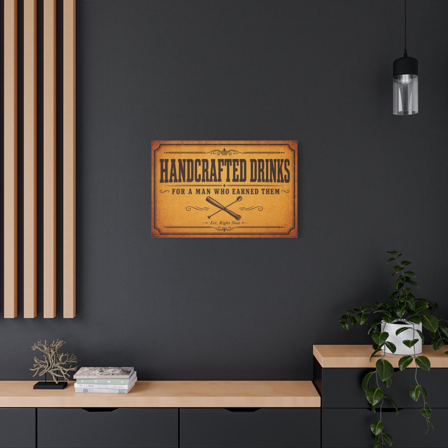 "Handcrafted Drinks For A Man Who Earned Them" Canvas Wall Art - Vintage Bar Sign, Rustic Typography Decor, Whiskey Lounge Wall Hanging - Ready to Hang - Ready to Hang - Cocktail Lounge Decor