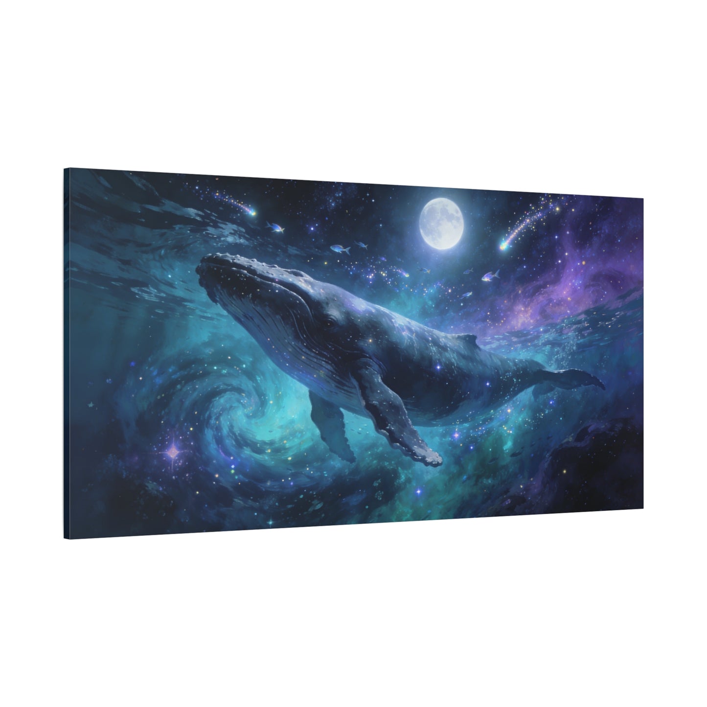 Humpback Whale Canvas Wall Art - Celestial Ocean Galaxy Painting, Moonlit Space Seascape Print - Matte Cotton Canvas - Contemporary Fantasy Style - Living Room Wall Decor - Bedroom Home Decoration