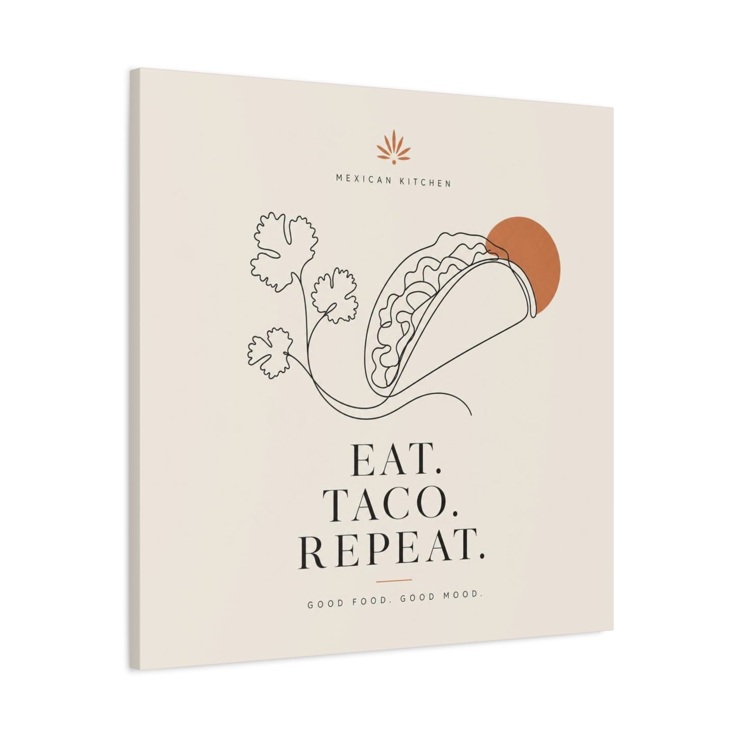 "Eat. Taco. Repeat." Mexican Kitchen Canvas Wall Art - Minimalist Taco Line Illustration, Terracotta Sun, Typography Print - Modern Kitchen Decor, Cafe Wall Decor, Dining Room Accent - Ready to Hang