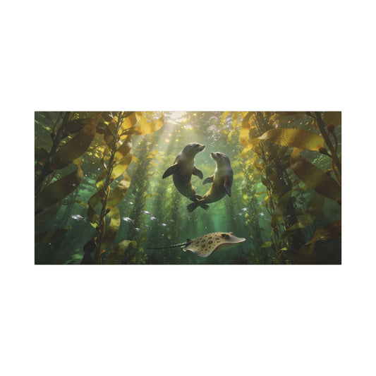 Sea Lion Kelp Forest Canvas Wall Art - Underwater Ocean Wildlife Print, Sunbeam Marine Scene, Matte Cotton Decor - Coastal Style Living Room Wall Decor, Bedroom Home Decoration - Cozy Reading Nook Art