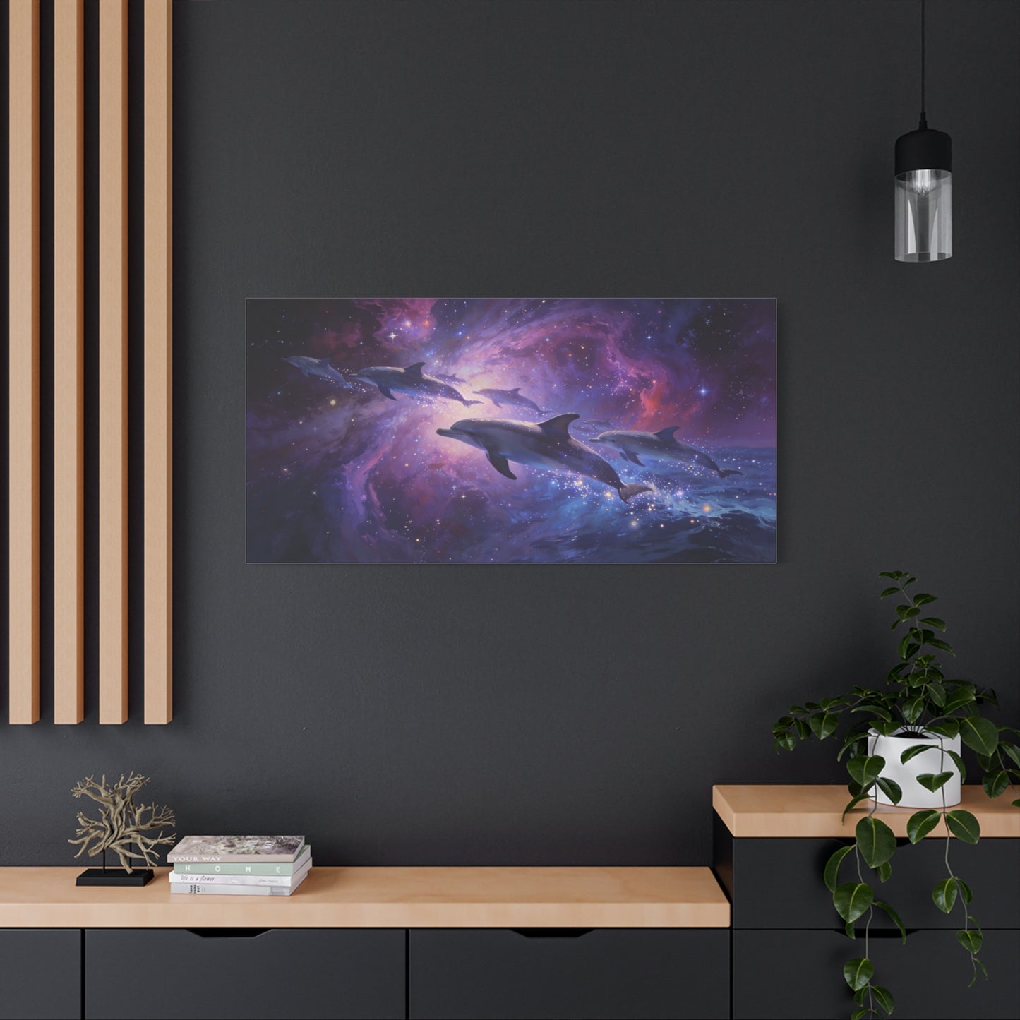 Cosmic Dolphin Canvas Wall Art - Celestial Ocean Galaxy Painting, Zebra Print Wallpaper Inspired Purple Blue Space Scene - Matte Canvas Print - Bedroom Living Room Decor - Living Room Wall Decor