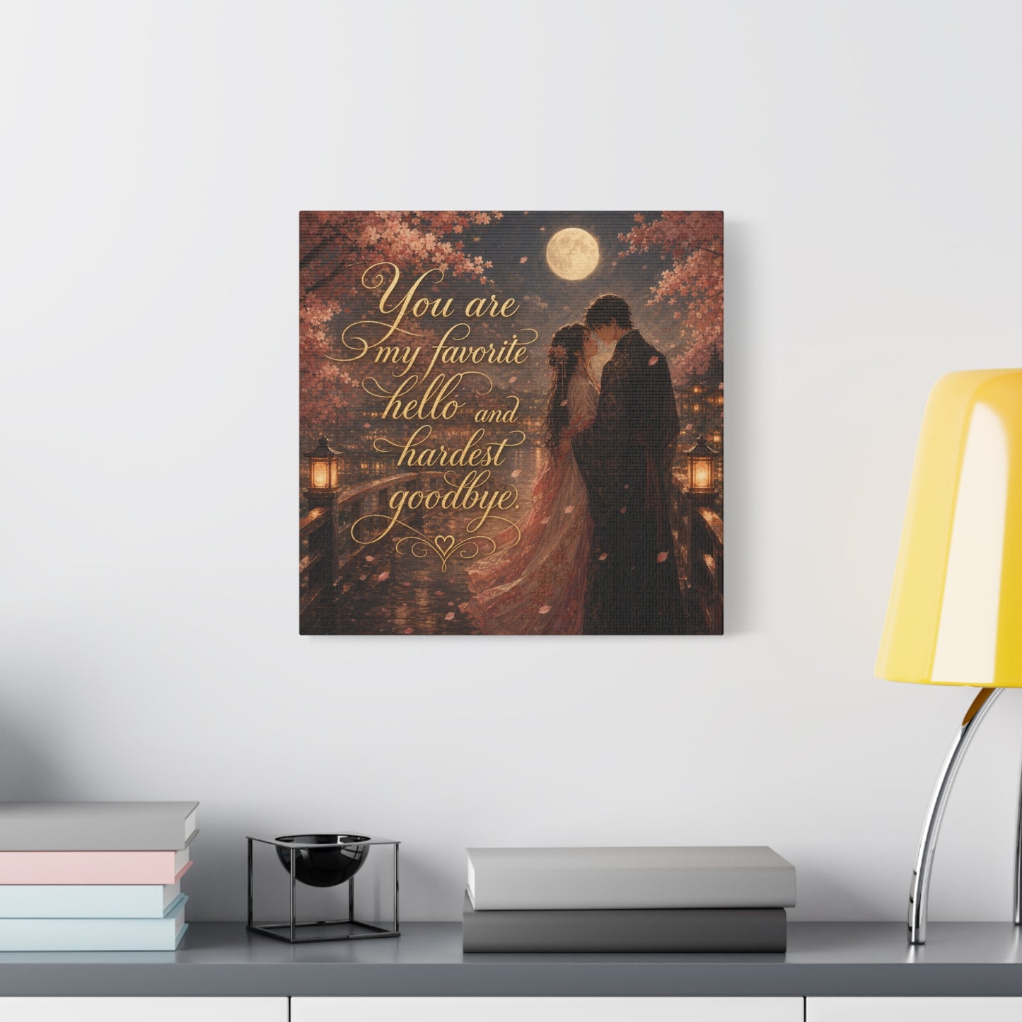 "You Are My Favorite Hello And Hardest Goodbye" Romantic Canvas Wall Art - Moonlit Cherry Blossom Couple, Gold Script Quote Print - Traditional Love Decor, Bedroom Wall Hanging - Cozy Reading Nook Art