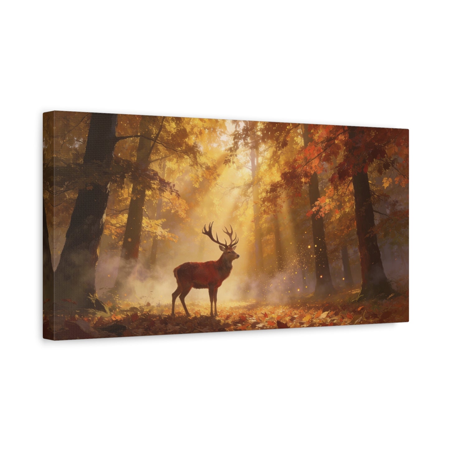 Stag Forest Canvas Wall Art - Golden Sunbeams, Misty Autumn Woodland - Matte Canvas Print - Rustic Nature Style - Living Room Wall Decor, Bedroom Home Decoration, Office Art - Bedroom Home Decoration