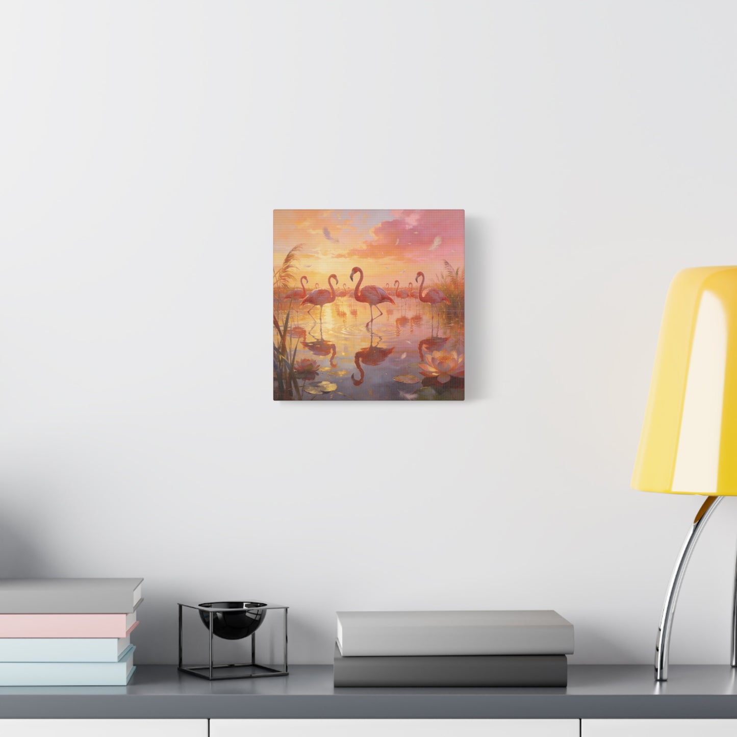 Pink Flamingo Canvas Wall Art - Sunset Wetland Birds, Lotus Pond Reflections - Dreamy Tropical Illustration, Matte Canvas Print - Living Room Wall Decor, Bedroom Home Decoration - Ready to Hang