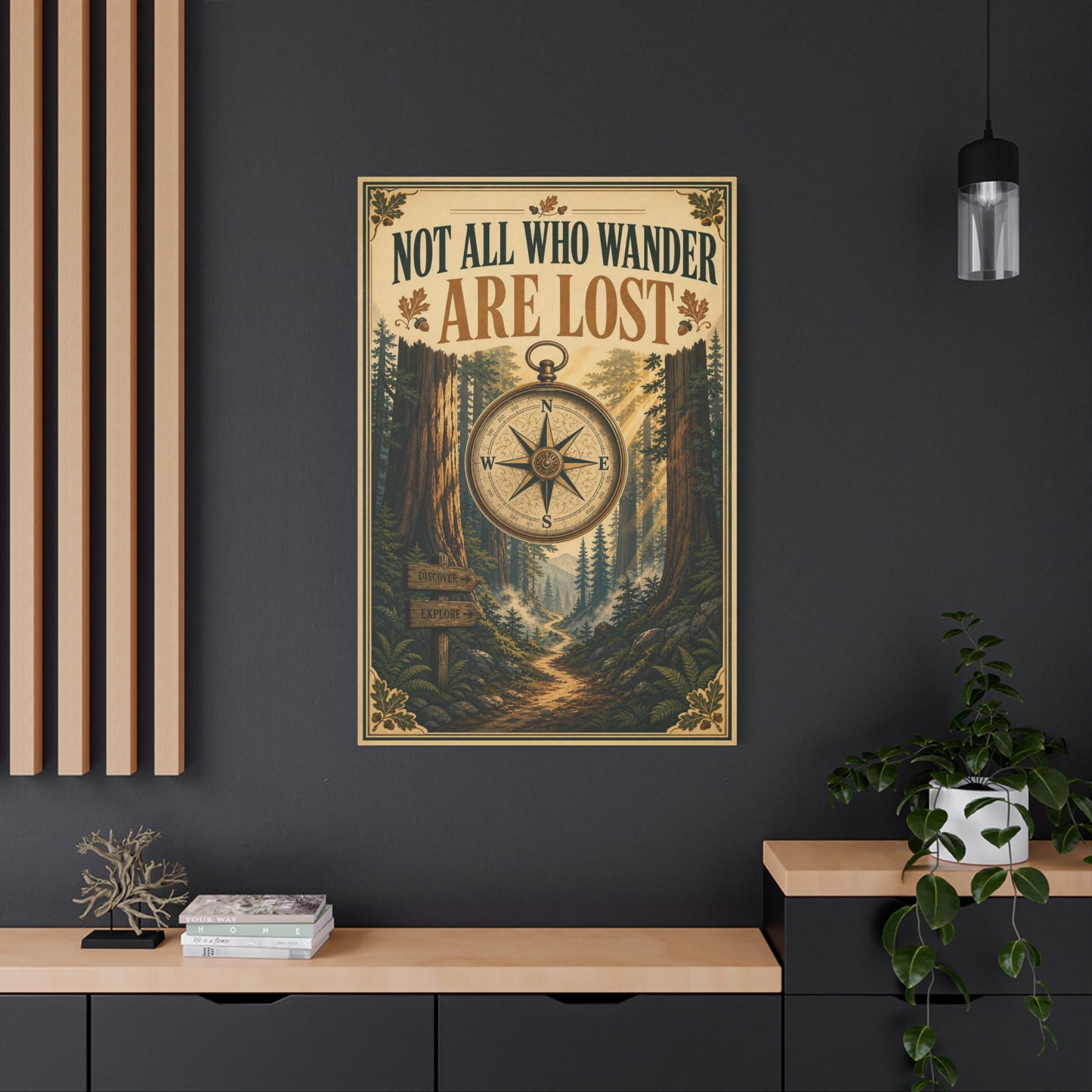 "Not All Who Wander Are Lost" Canvas Wall Art - Forest Compass Quote Print, Vintage Rustic Adventure Decor, Wanderlust Typography Poster Style, Living Room Bedroom Office - Living Room Wall Decor