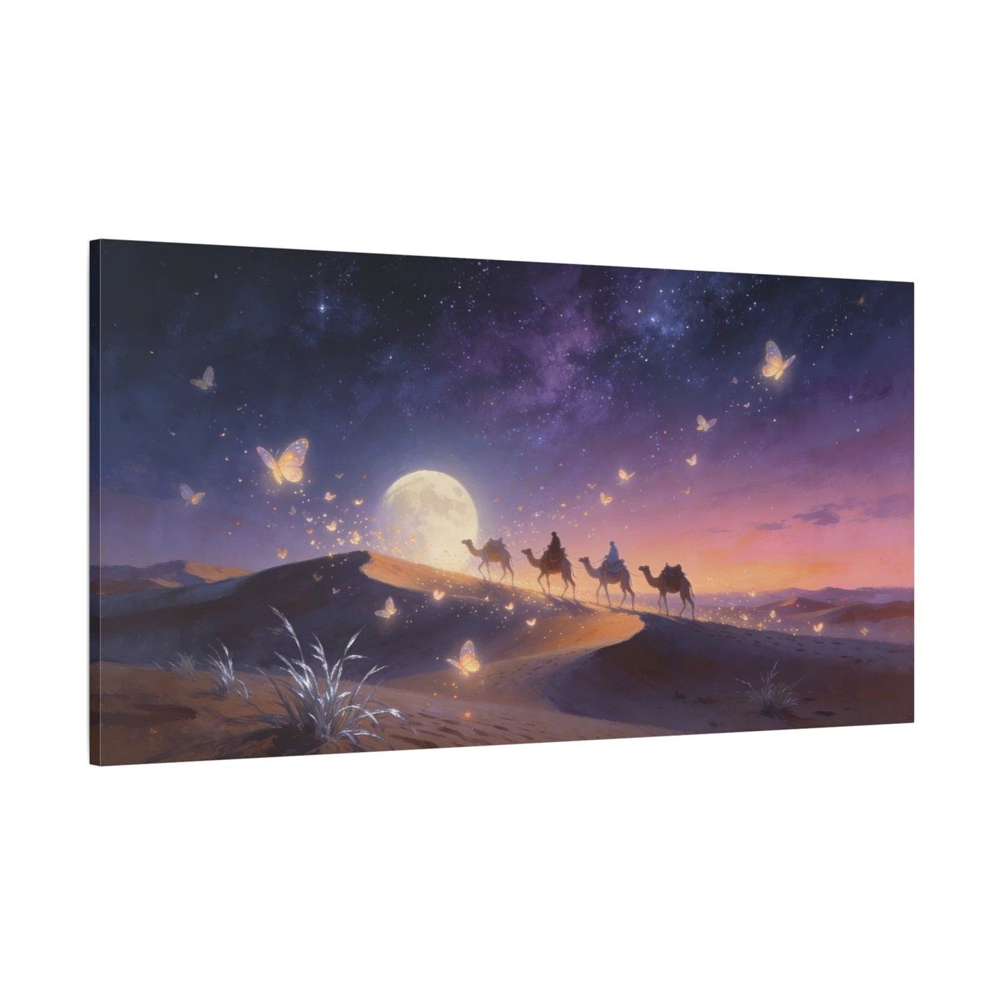 Moonlit Desert Camel Caravan Canvas Wall Art - Starry Night Butterflies, Dreamy Landscape Print - Ethereal Contemporary Style - Living Room Wall Decor, Bedroom Home Decoration - Modern Farmhouse Style