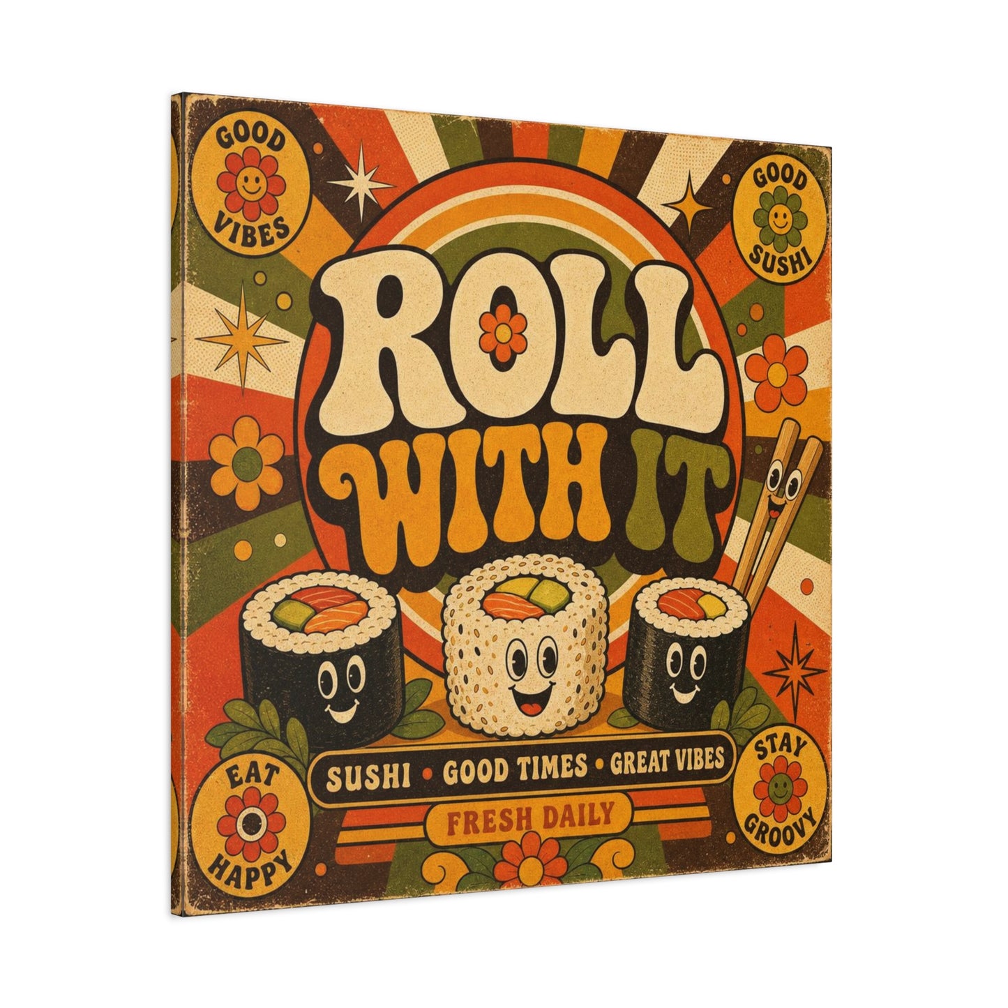 "Roll With It" Sushi Canvas Wall Art - Retro Typography Food Illustration, Groovy Orange Green Bohemian Print, Cafe Wall Decor, Kitchen Room Decoration, Vintage Poster Style - Bedroom Home Decoration