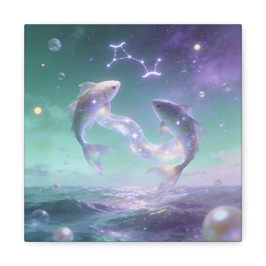 Pisces Fish Canvas Wall Art - Celestial Ocean Zodiac Illustration, Dreamy Aurora Nightscape, Matte Cotton Print, Mystical Bedroom Accent, Meditation Space Piece, Office Interior Style - Ready to Hang