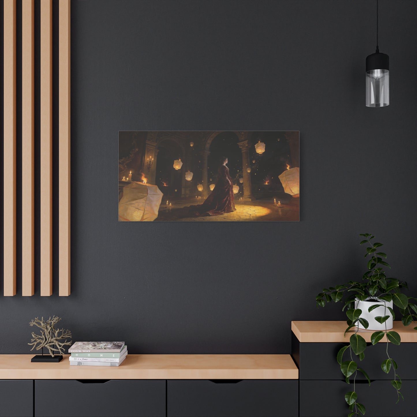 Woman In Candlelit Palace Canvas Wall Art - Floating Lantern Fantasy Scene, Dark Romantic Matte Canvas Print - Traditional Style, Living Room Wall Decor, Bedroom Home Accent - Bedroom Home Decoration