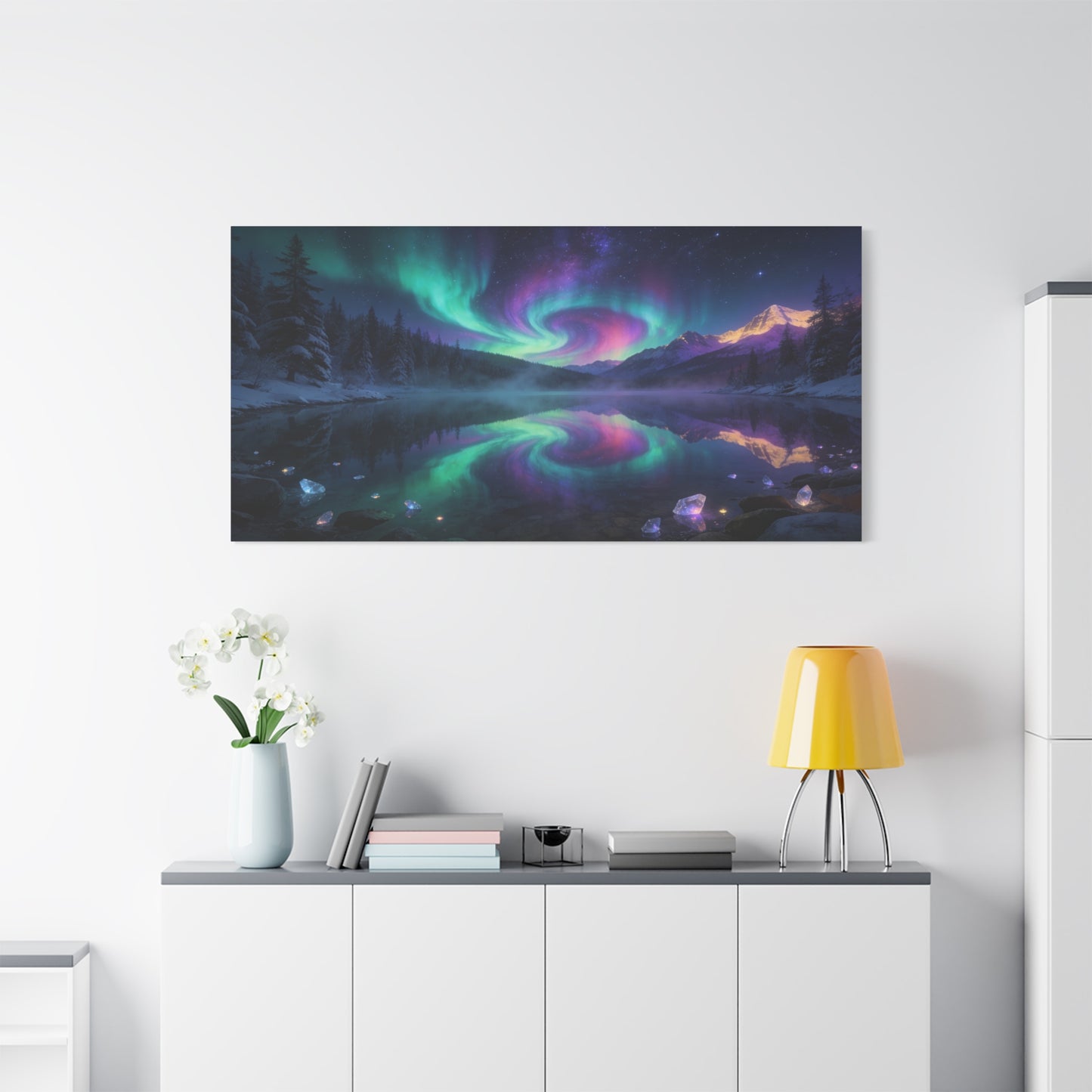Aurora Borealis Mountain Lake Canvas Wall Art - Northern Lights Night Sky, Snowy Pine Forest Reflection - Dreamy Matte Canvas Print - Bedroom Wall Decor, Living Room Accent - Bedroom Home Decoration