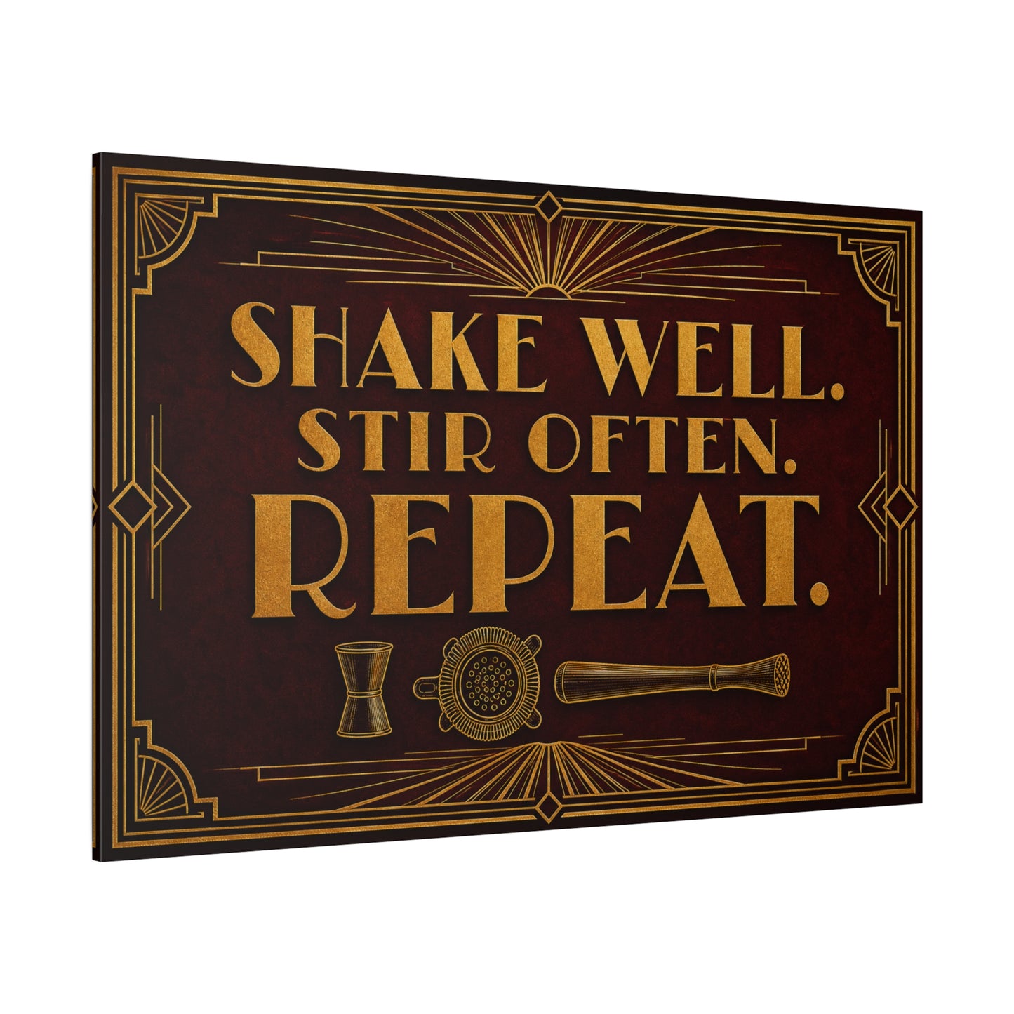 "Shake Well. Stir Often. Repeat." Cocktail Canvas Wall Art - Art Deco Bar Quote Print, Vintage Gold Typography, Speakeasy Lounge Decor, Home Bar Decoration - Ready to Hang - Tavern Wall Decor