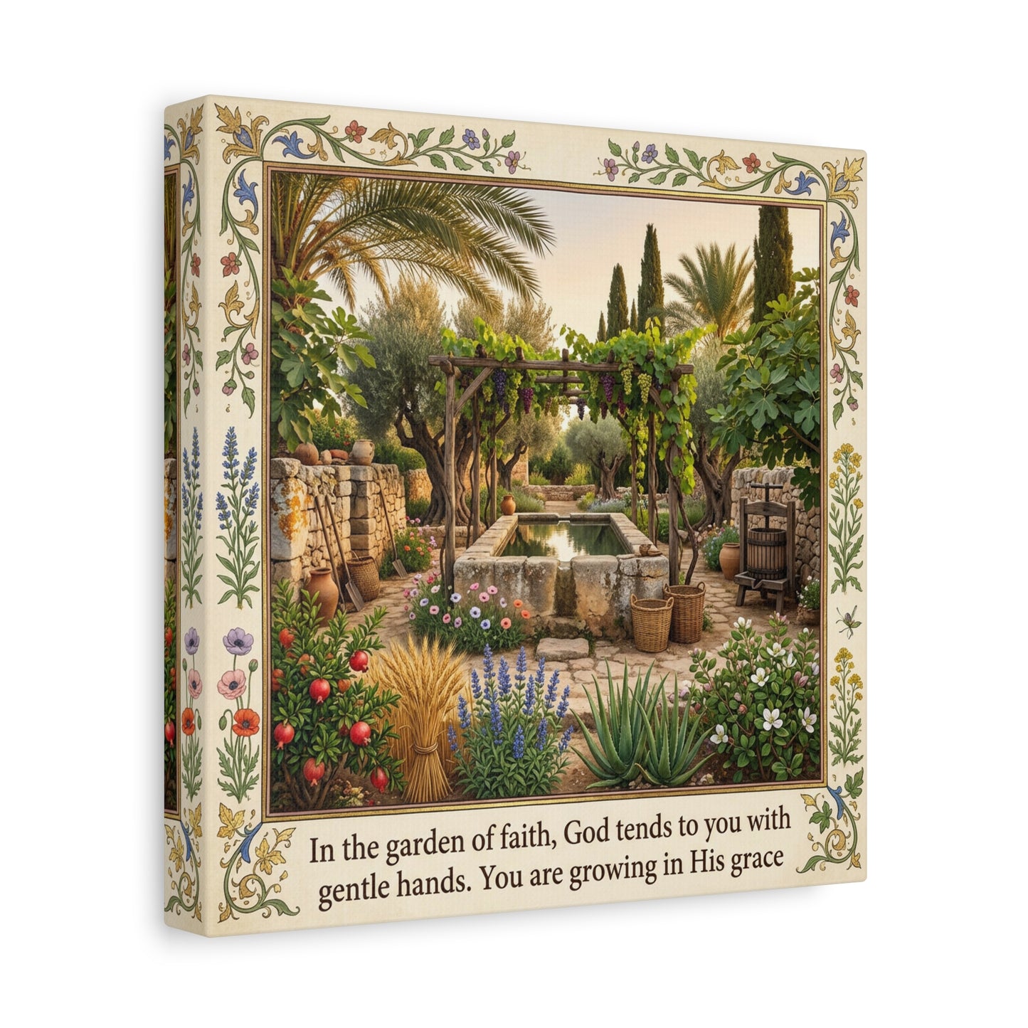 "In The Garden Of Faith, God Tends To You" Canvas Wall Art - Biblical Garden Scripture Print, Floral Border, Rustic Mediterranean Courtyard Scene - Christian Home Decor For Living Room - Ready to Hang