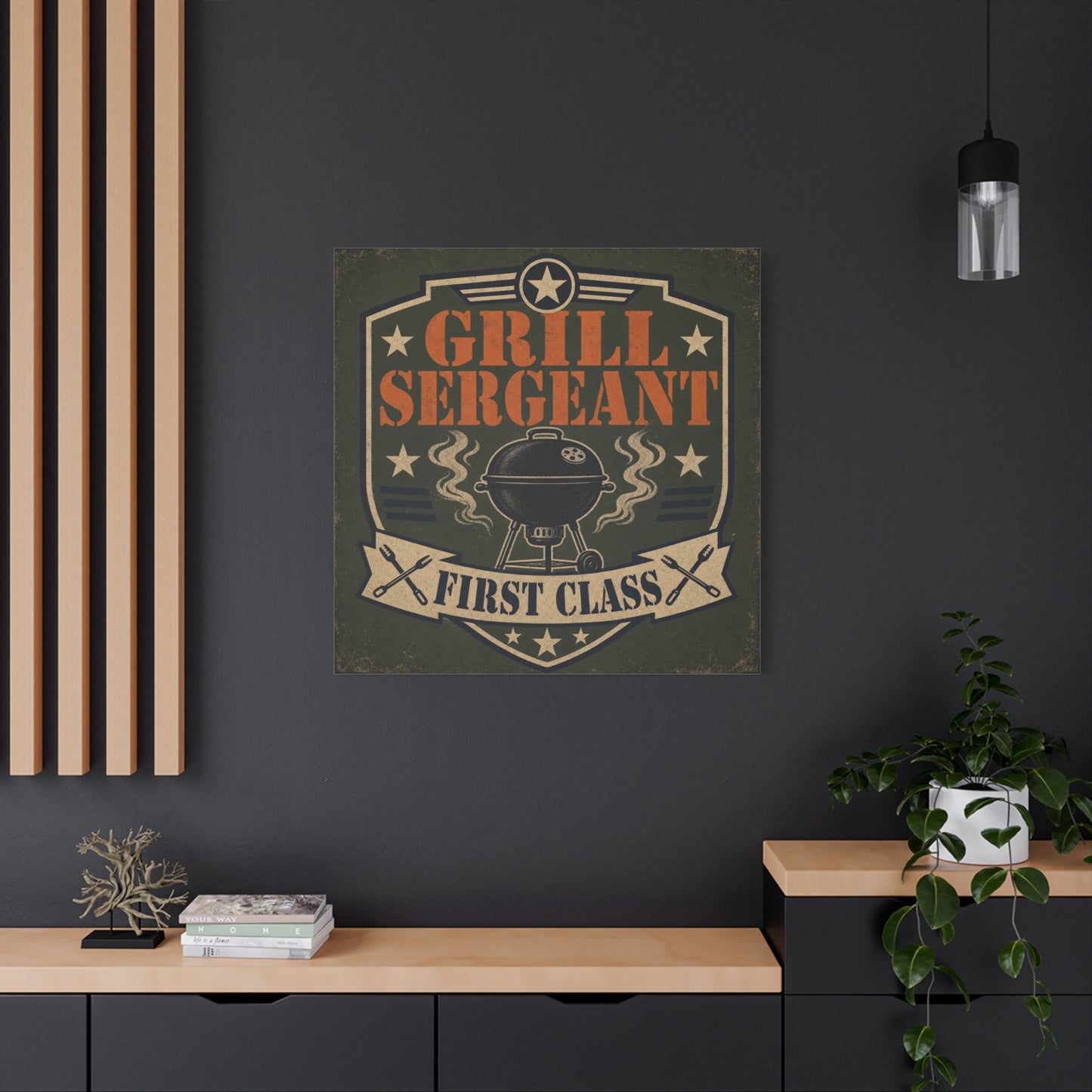 "Grill Sergeant First Class" BBQ Canvas Wall Art - Vintage Grill Badge Sign, Rustic Patriotic Kitchen Decor, Retro Barbecue Poster Style, Man Cave Wall Decor - Ready to Hang - Bedroom Home Decoration