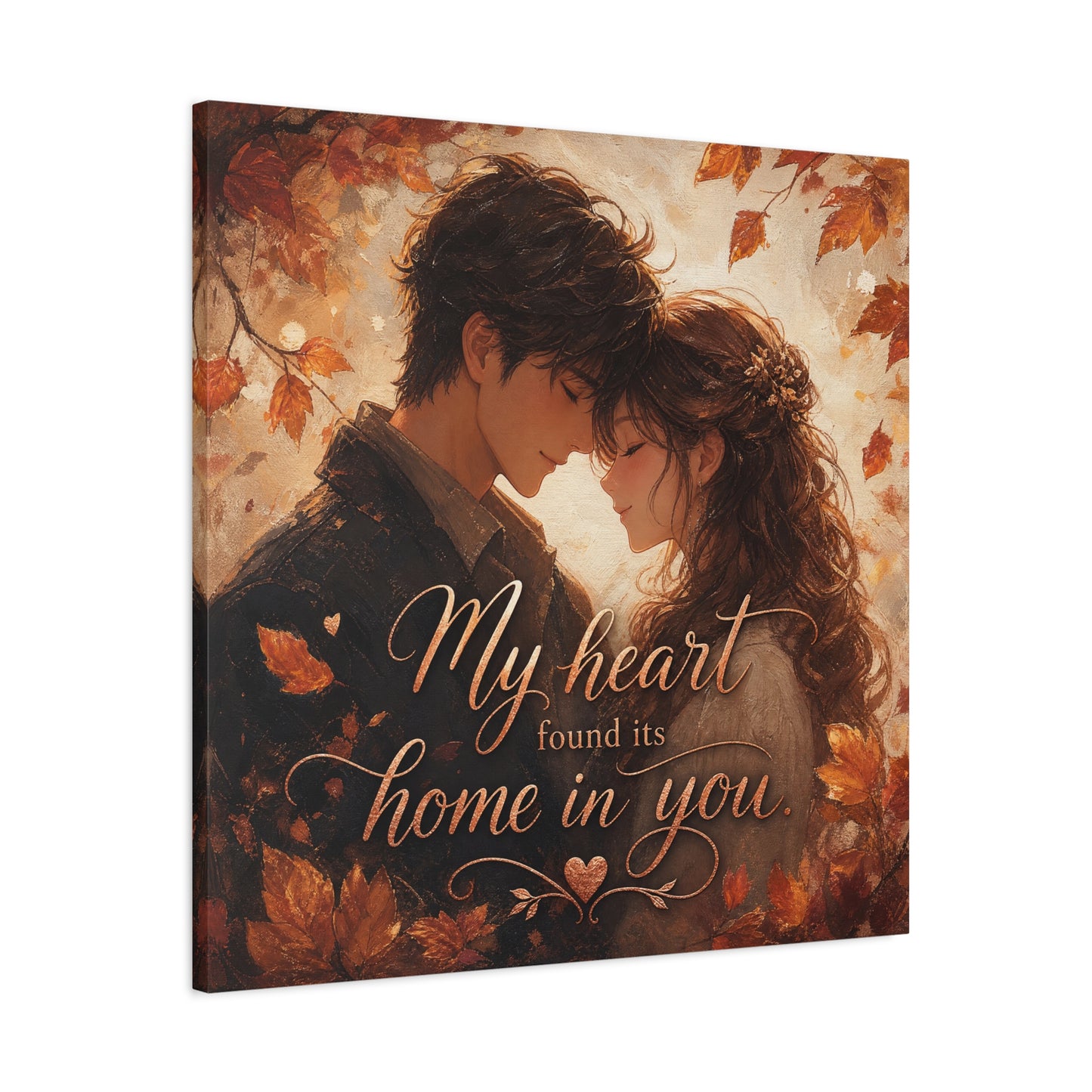 "My Heart Found Its Home In You" Romantic Couple Canvas Wall Art - Autumn Leaves Love Quote Print, Warm Rustic Traditional Style - Bedroom Wall Decor - Ready to Hang - Bedroom Home Decoration