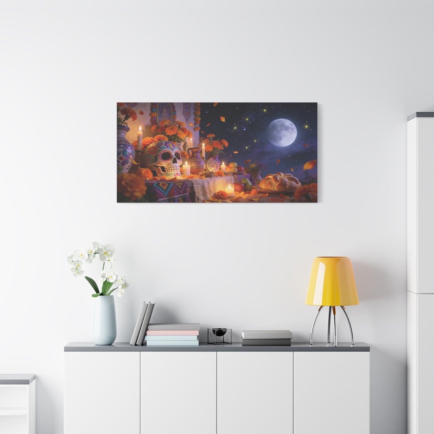 Day Of The Dead Altar Canvas Wall Art - Sugar Skull, Marigolds, Candles, Full Moon - Traditional Folk Style - Living Room Wall Decor, Dining Room Accent, Bedroom Home Decoration - Ready to Hang
