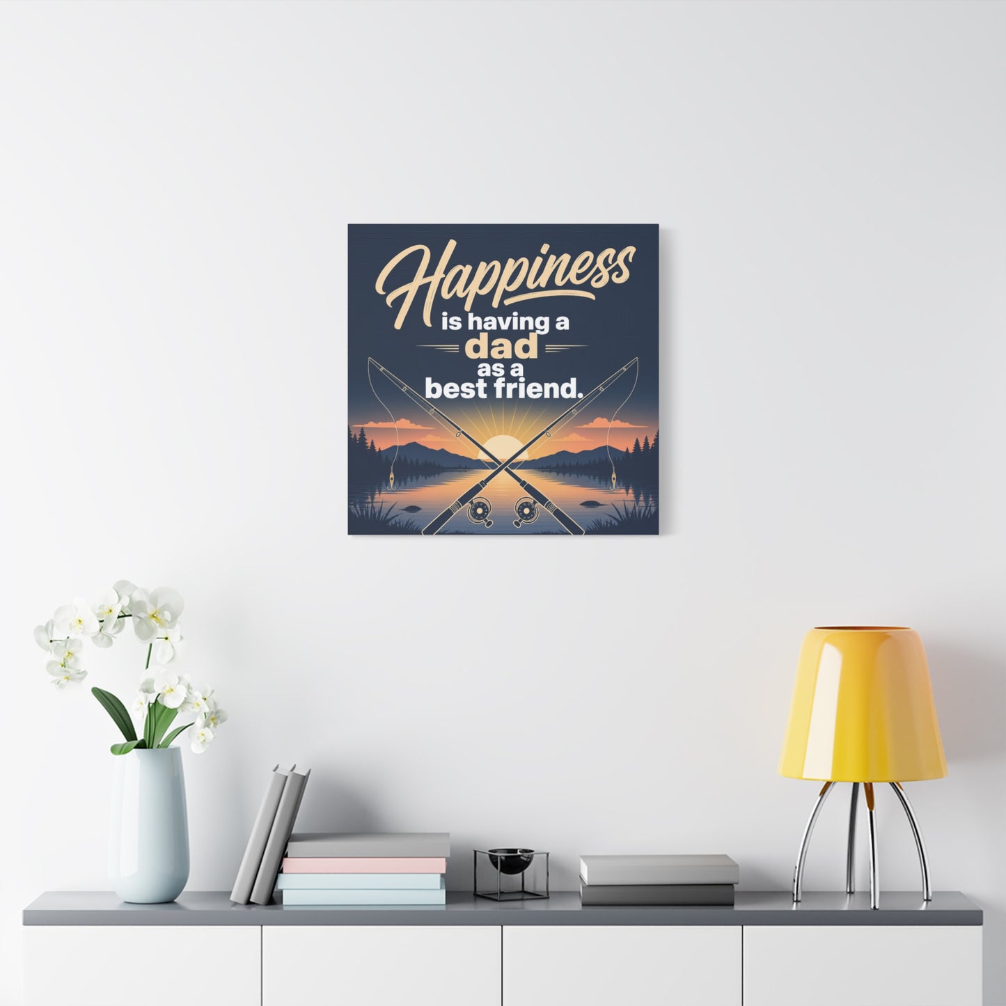 "Happiness Is Having A Dad As A Friend" Fishing Canvas Wall Art - Sunset Lake Quote Print - Rustic Typography Decor - Bedroom Home Decoration - Bedroom Home Decoration - Living Room Wall Decor