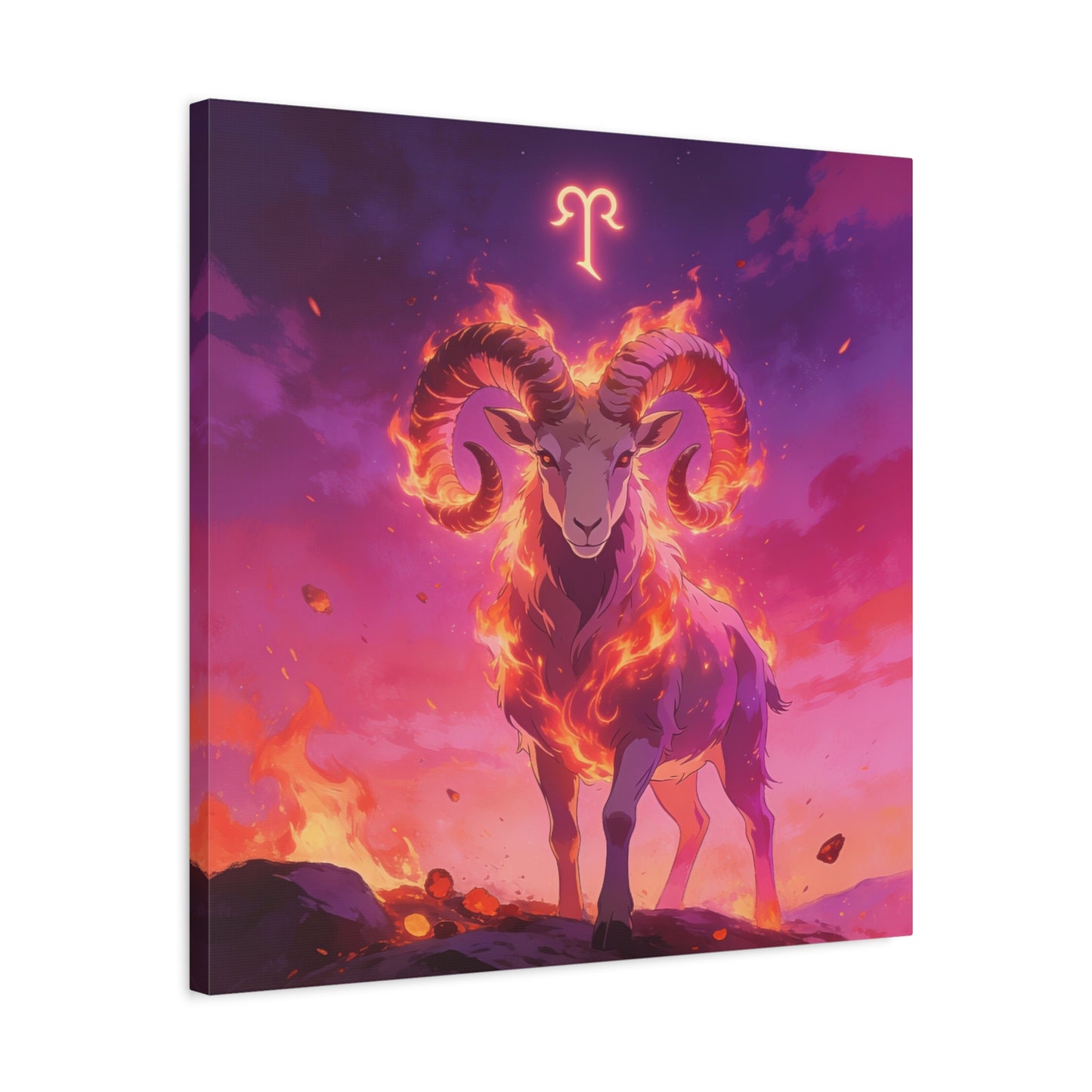 Aries Ram Canvas Wall Art - Fiery Zodiac Illustration, Purple Pink Flame Sky, Matte Canvas Print, Modern Fantasy Style, Bedroom Wall Decor, Home Office Accent, Statement Piece For Astrology Lovers