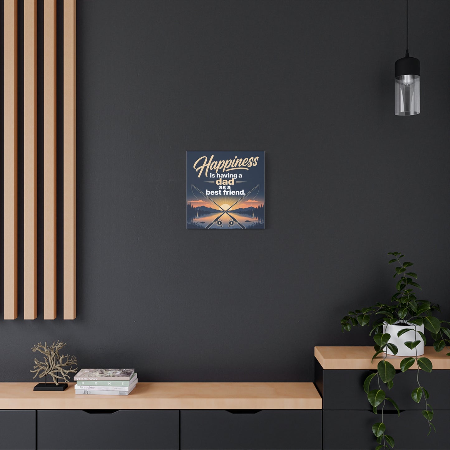 "Happiness Is Having A Dad As A Friend" Fishing Canvas Wall Art - Sunset Lake Quote Print - Rustic Typography Decor - Bedroom Home Decoration - Bedroom Home Decoration - Living Room Wall Decor