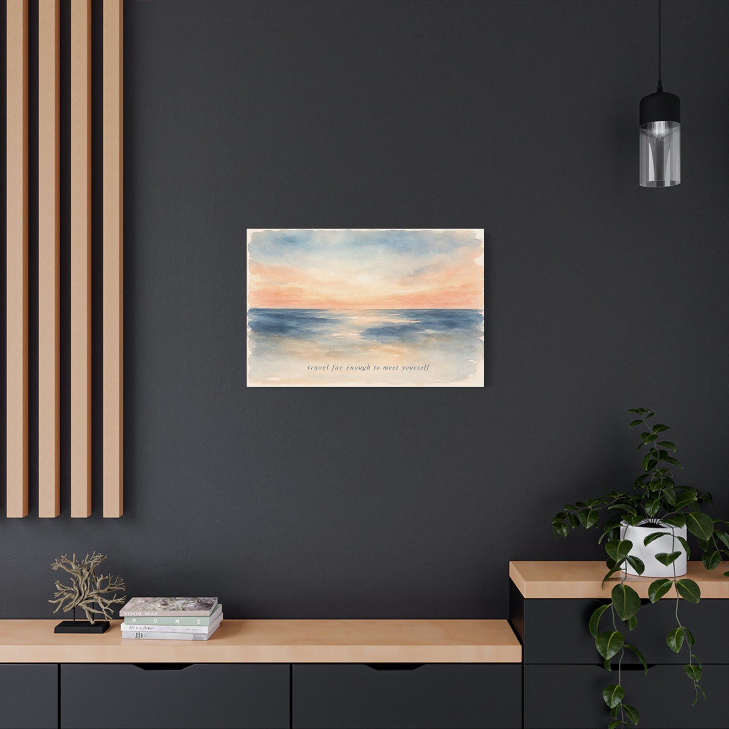 "Travel Far Enough To Meet Yourself" Coastal Canvas Wall Art - Watercolor Ocean Sunset Quote Print - Serene Beach Seascape Decor - Bedroom Living Room Wall Decor - Bedroom Home Decoration