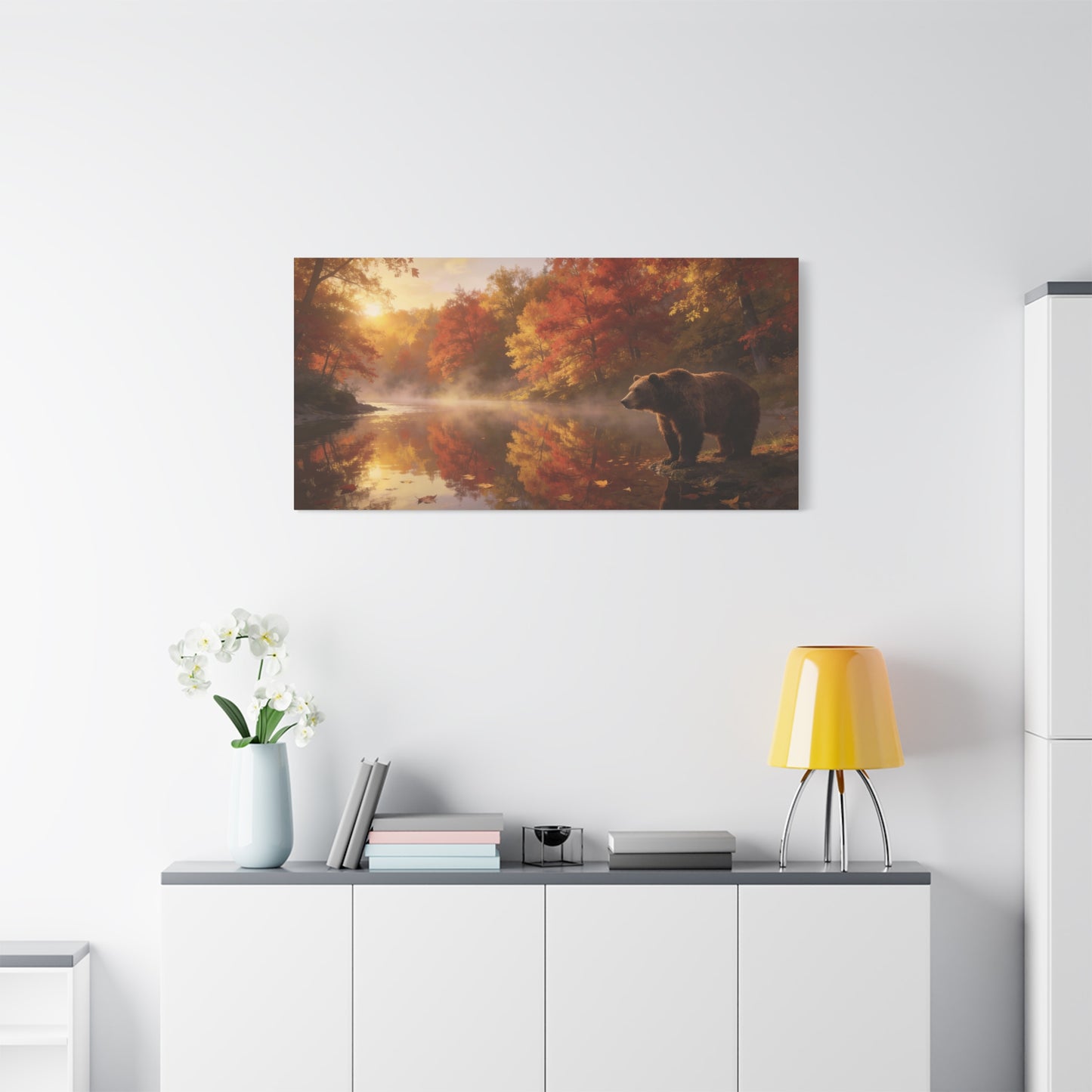 Brown Bear Canvas Wall Art - Autumn Forest River Sunrise Wildlife Print, Golden Mist Reflection, Matte Canvas Print, Rustic Lodge Style, Living Room Wall Decor Office Art - Bedroom Home Decoration