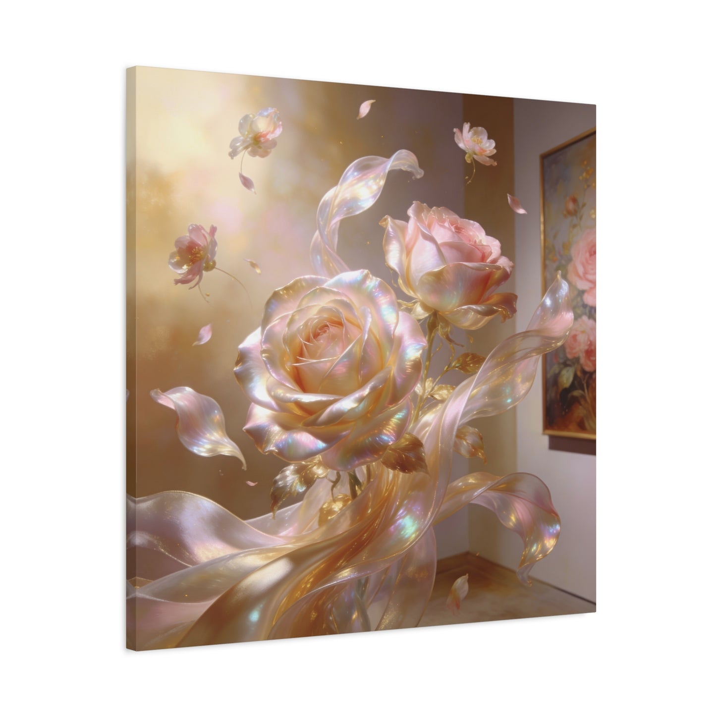 Iridescent Pink Rose Canvas Wall Art - Pearlescent Floral Wall Decor, Dreamy Botanical Home Decoration - Luminous Matte Canvas Print - Romantic Contemporary Style, Bedroom Accent - Ready to Hang